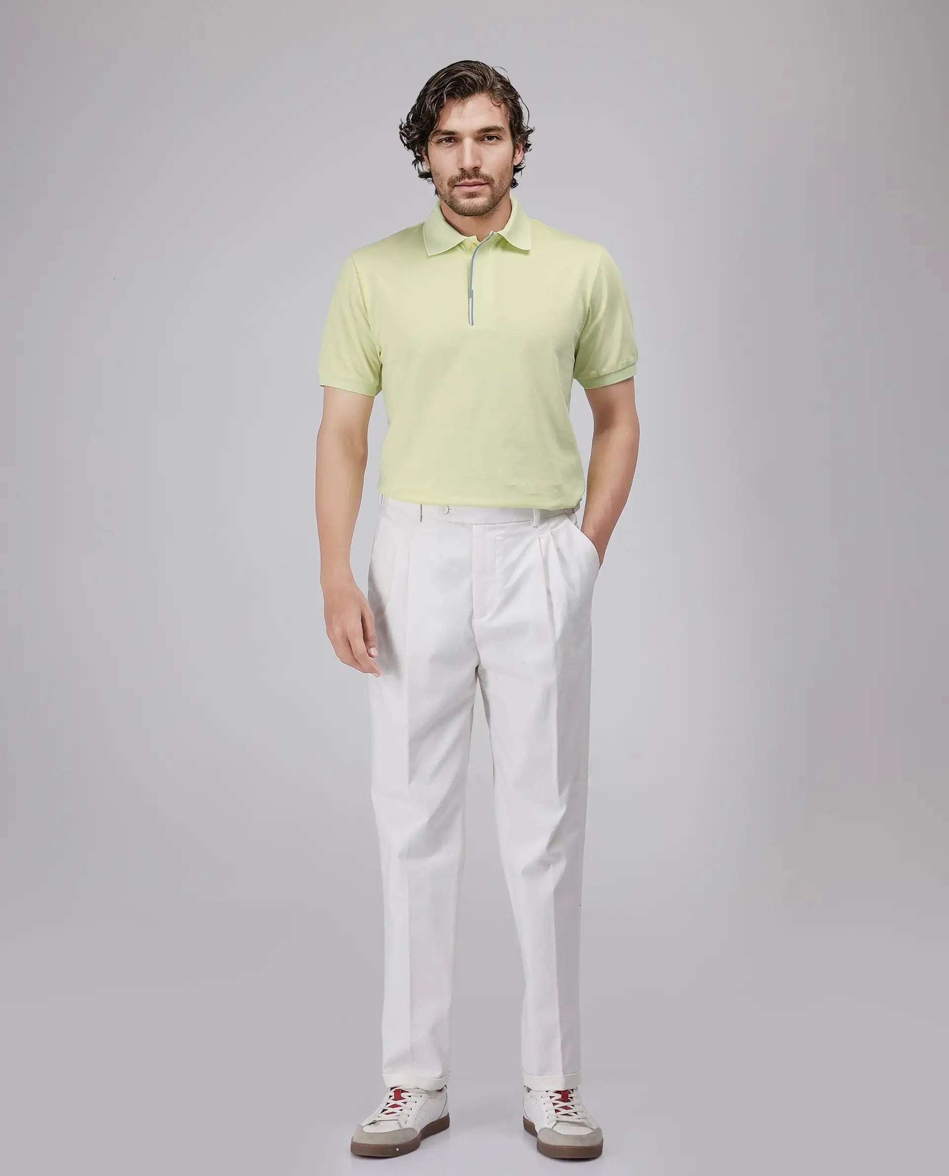 Rare Rabbit Men's Mor Light Yellow Cotton Blend Plain Regular Fit Half Sleeve Polo