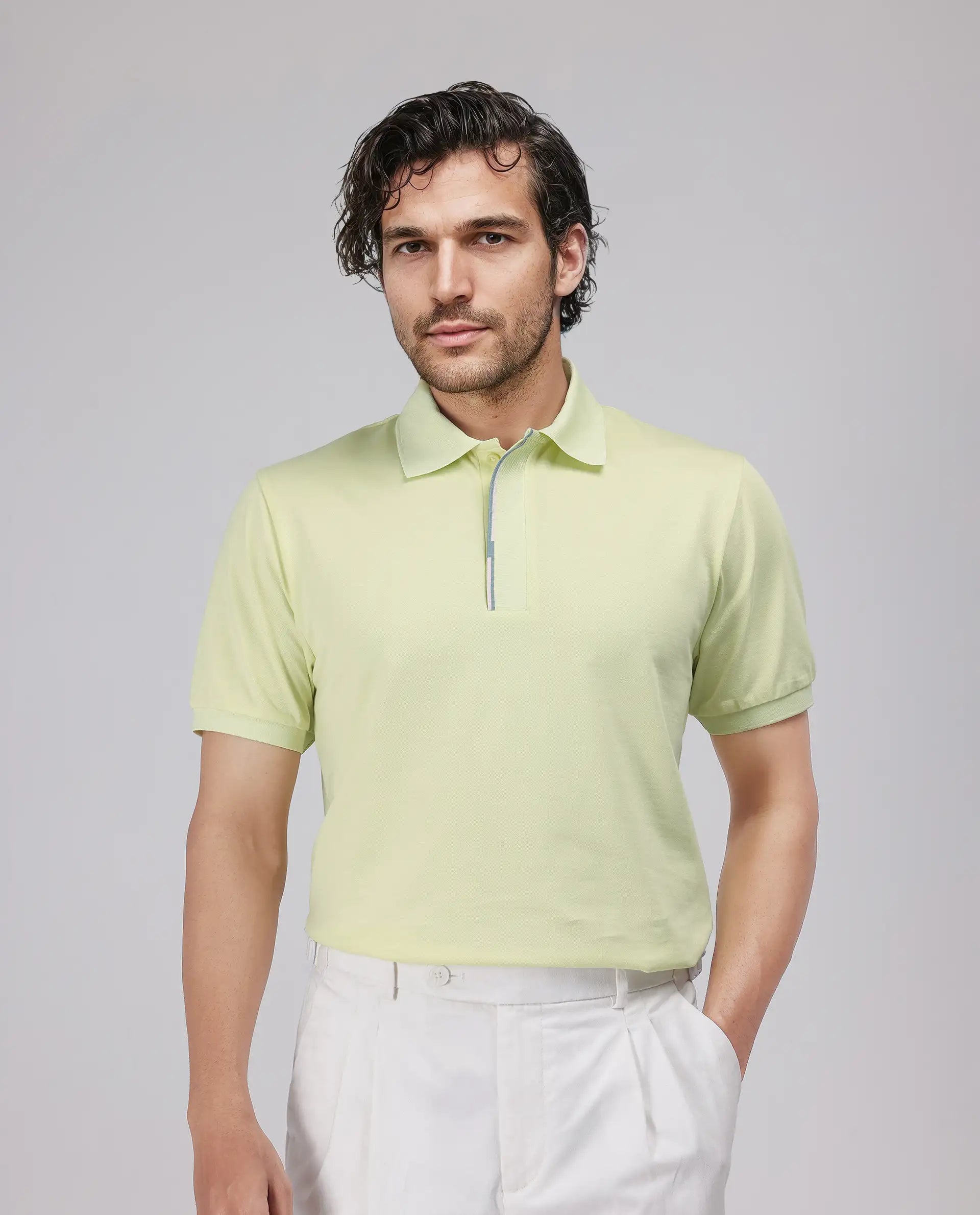 Rare Rabbit Men's Mor Light Yellow Cotton Blend Plain Regular Fit Half Sleeve Polo