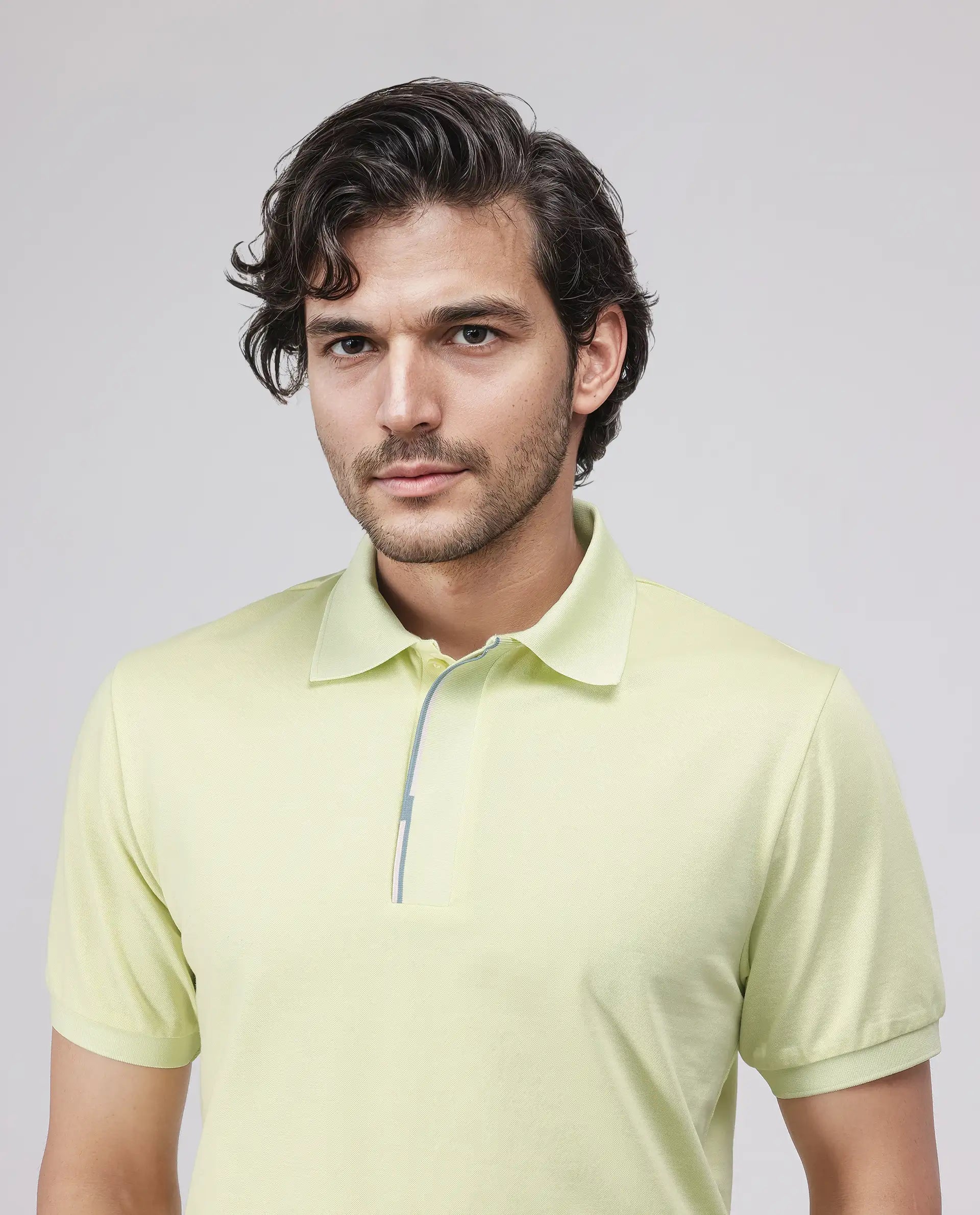 Rare Rabbit Men's Mor Light Yellow Cotton Blend Plain Regular Fit Half Sleeve Polo