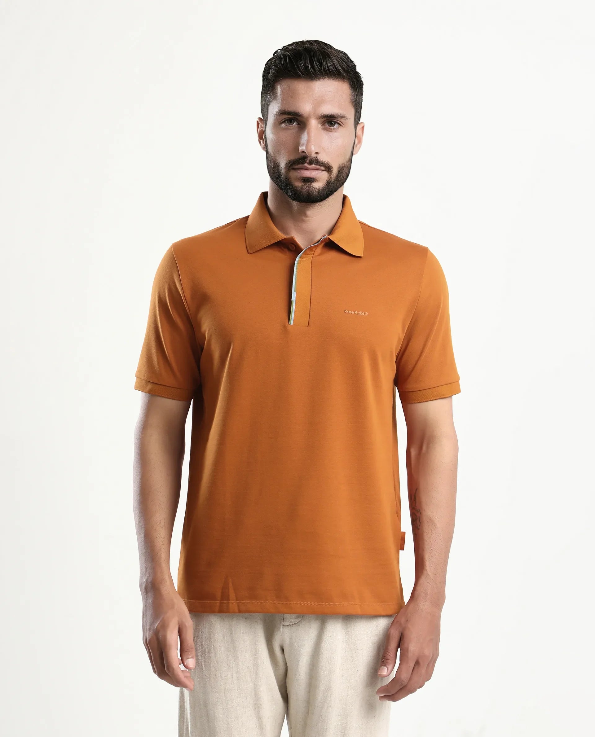 Rare Rabbit Men's Mor Rust Cotton Blend Plain Regular Fit Half Sleeve Polo