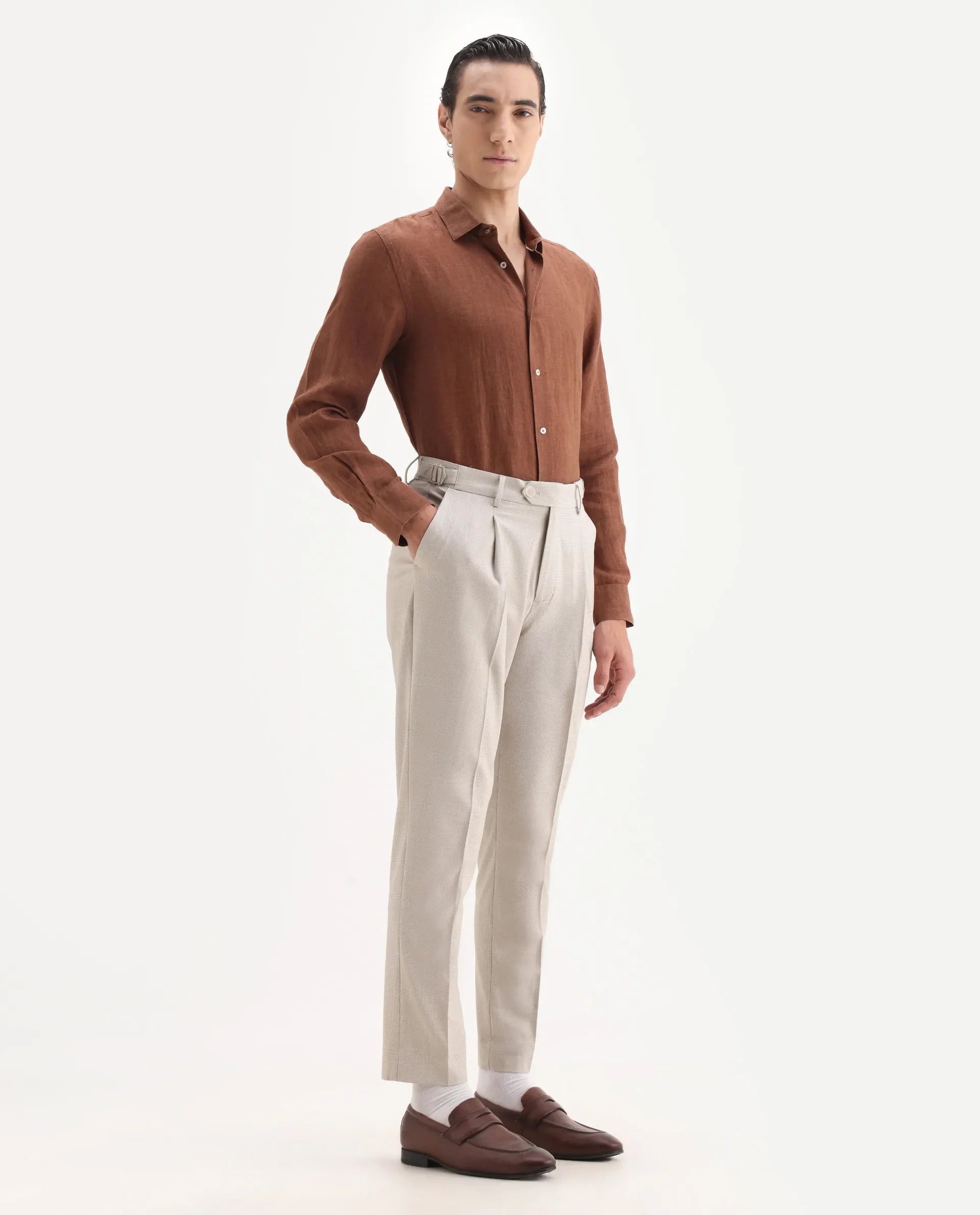 Rare Rabbit Men's Morst Beige Cotton Blend Checked Print Relaxed Fit Trouser
