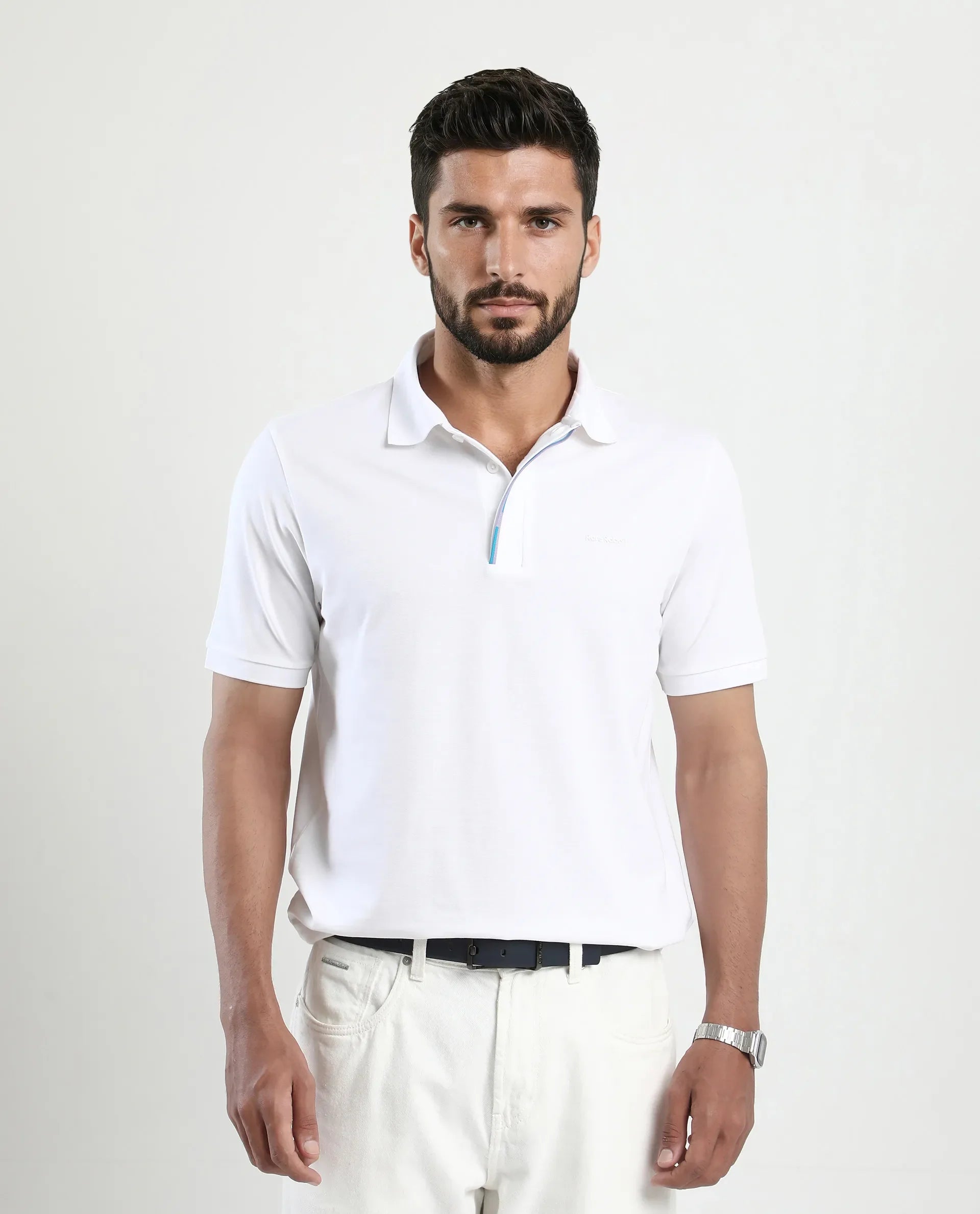 Rare Rabbit Men's Mor White Cotton Blend Plain Regular Fit Half Sleeve Polo