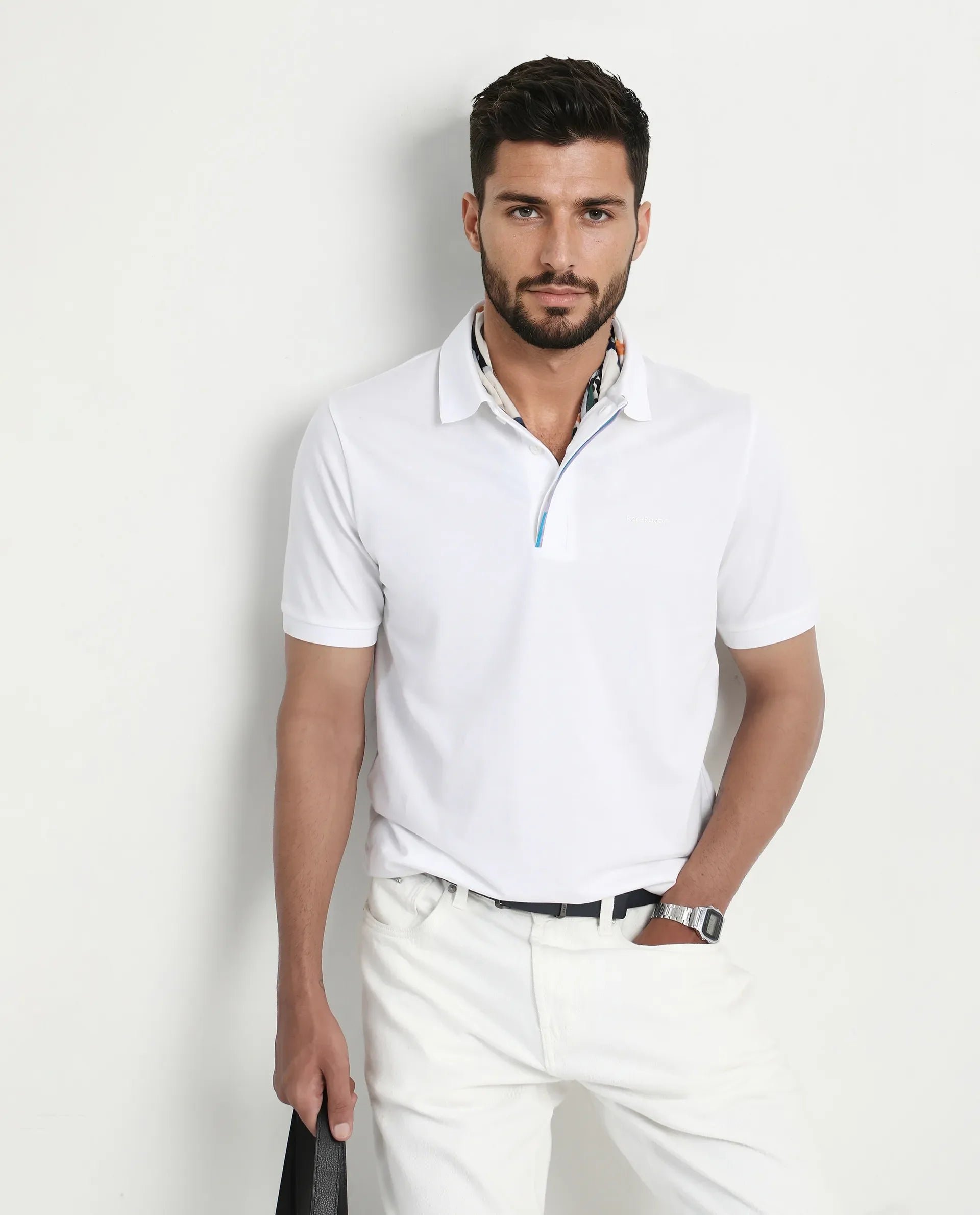 Rare Rabbit Men's Mor White Cotton Blend Plain Regular Fit Half Sleeve Polo