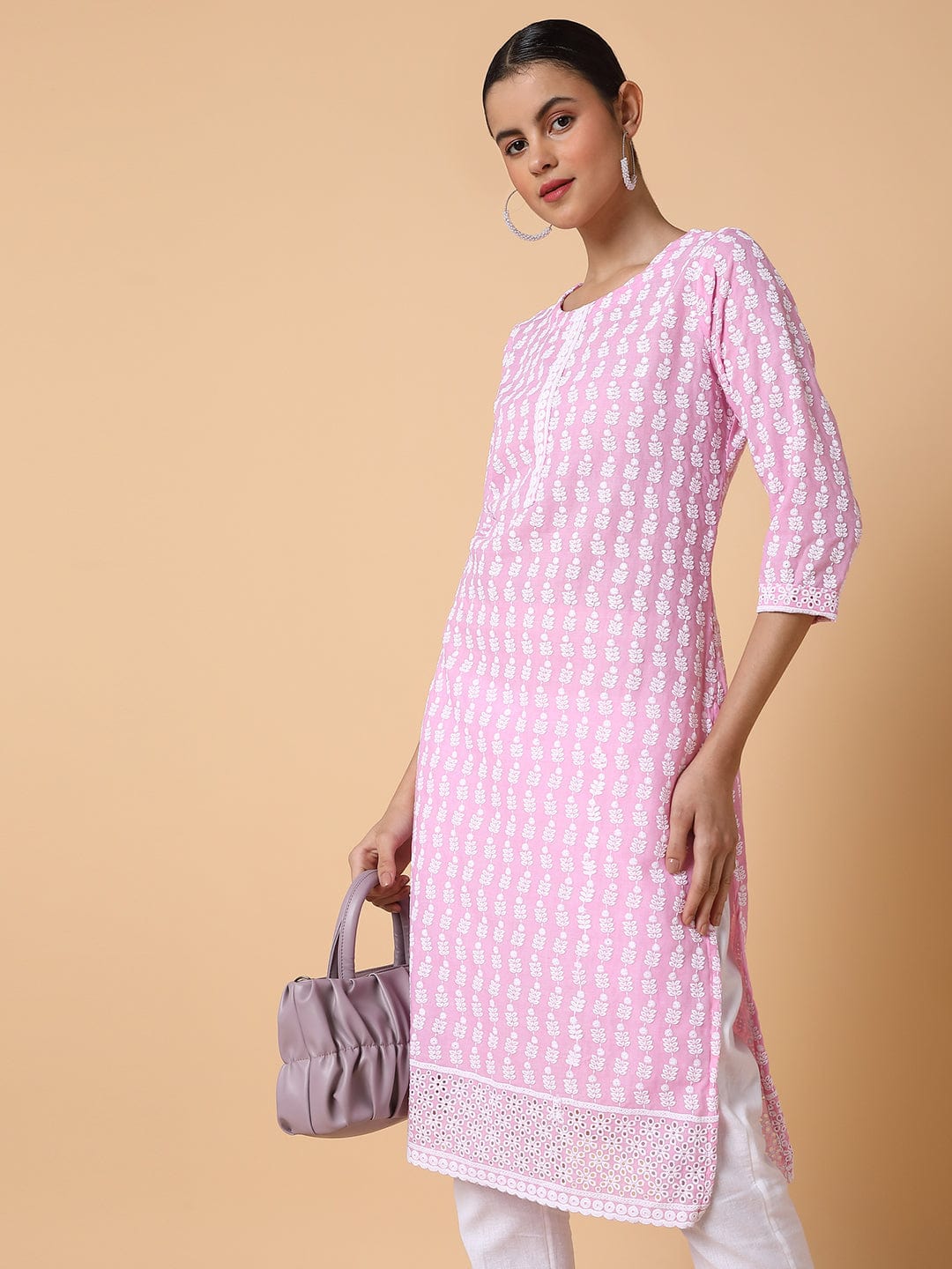 Women's Floral Chikankari Pink Straight Kurta