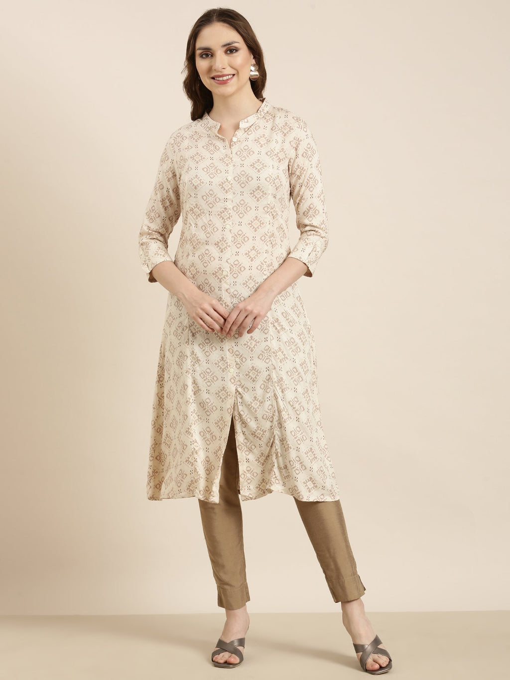 Women's A-Line Beige Geometric Kurta