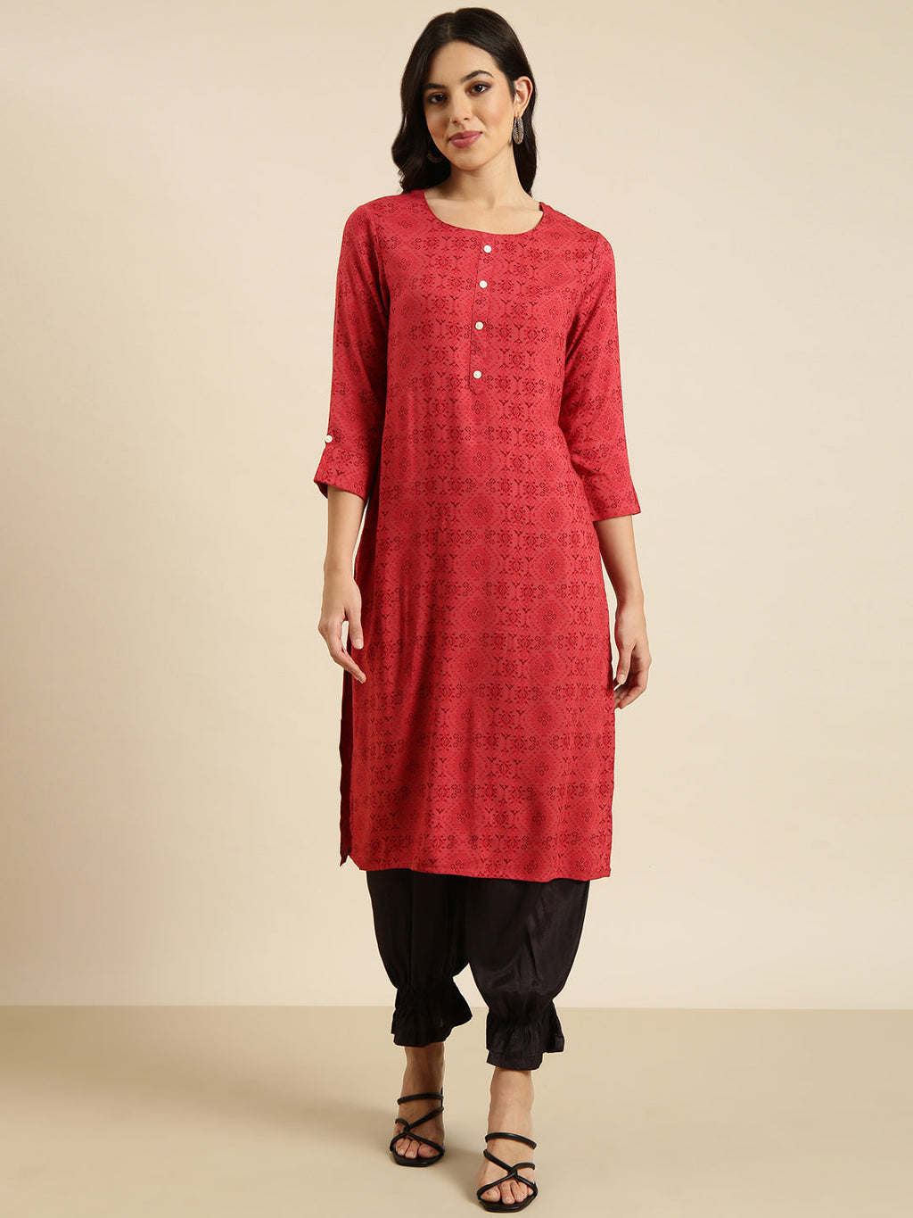 Women's Straight Red Geometric Kurta