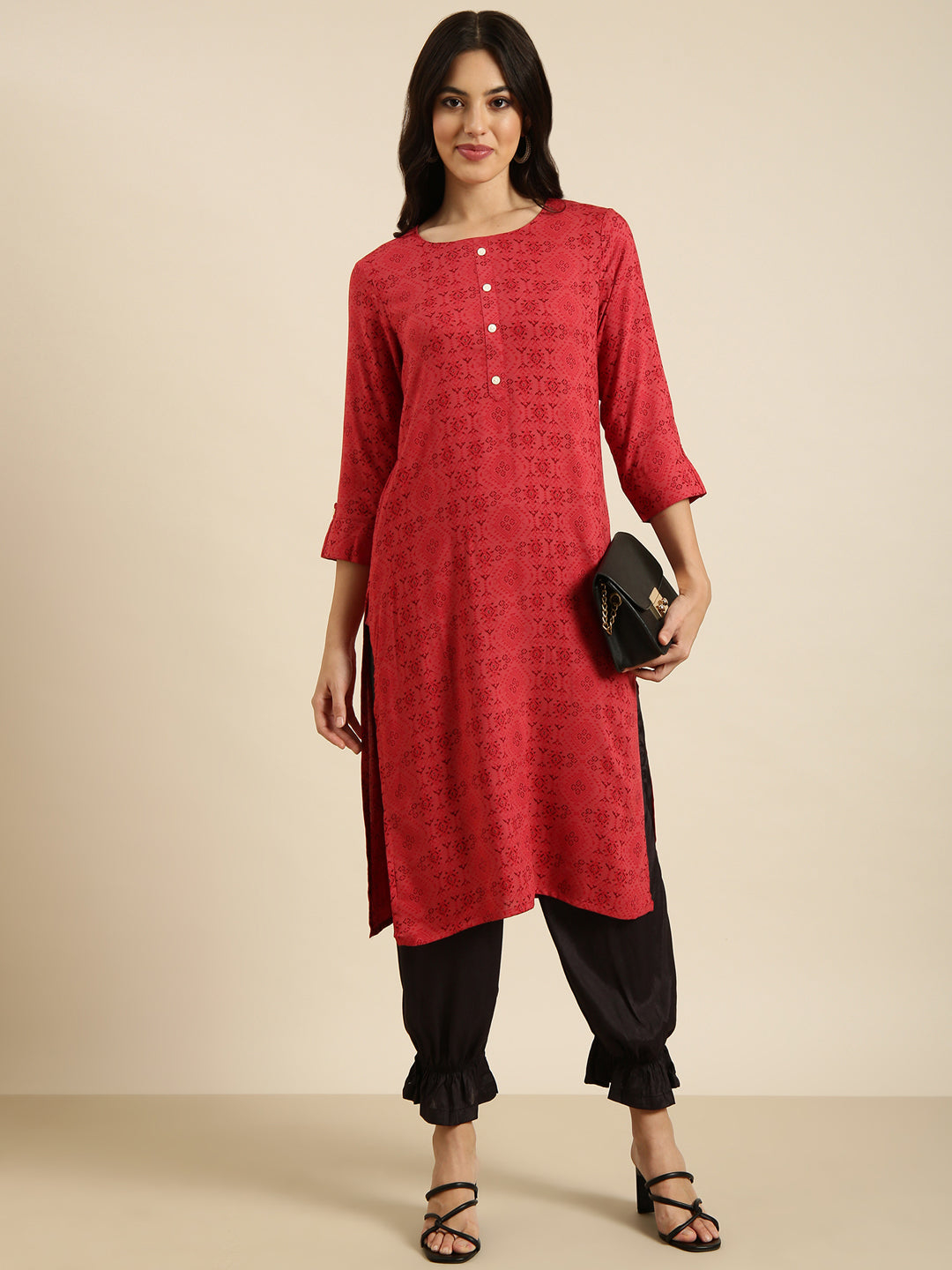 Women's Straight Red Geometric Kurta