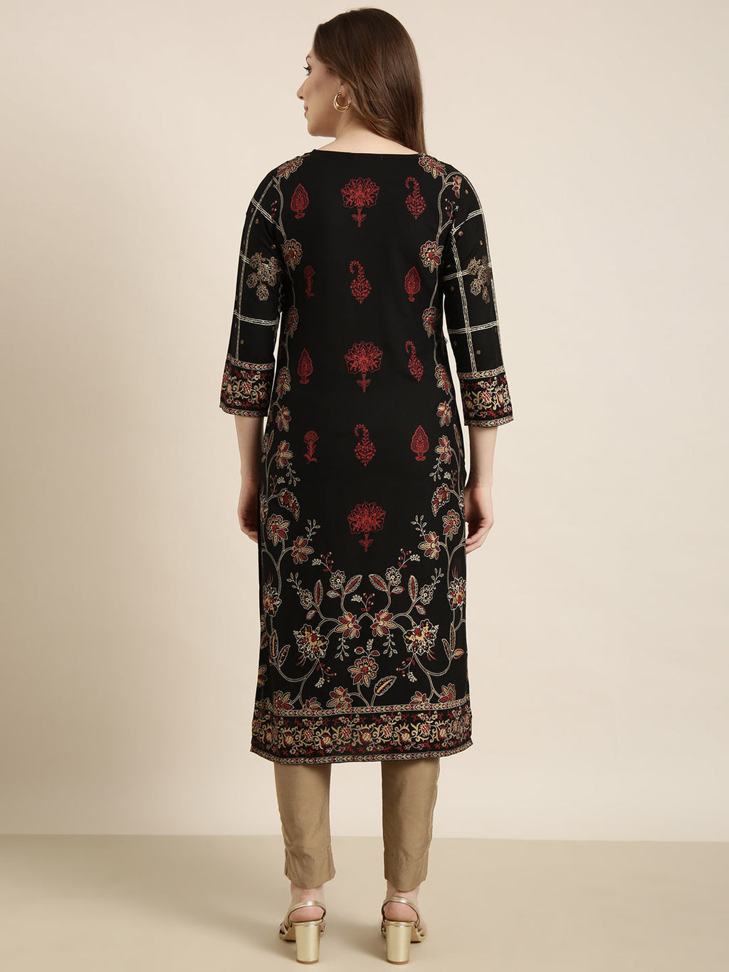Women's Straight Black Floral Kurta