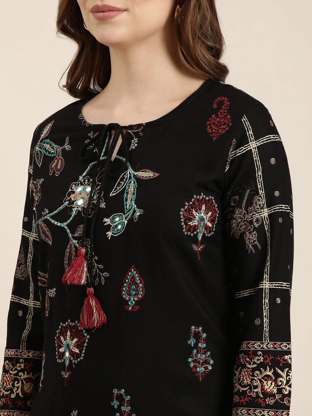 Women's Straight Black Floral Kurta