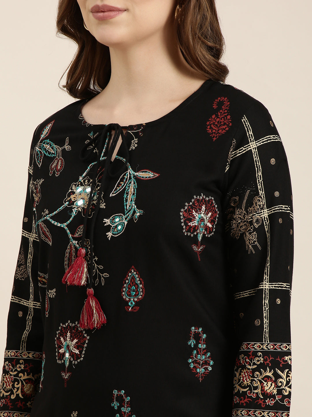 Women's Straight Black Floral Kurta