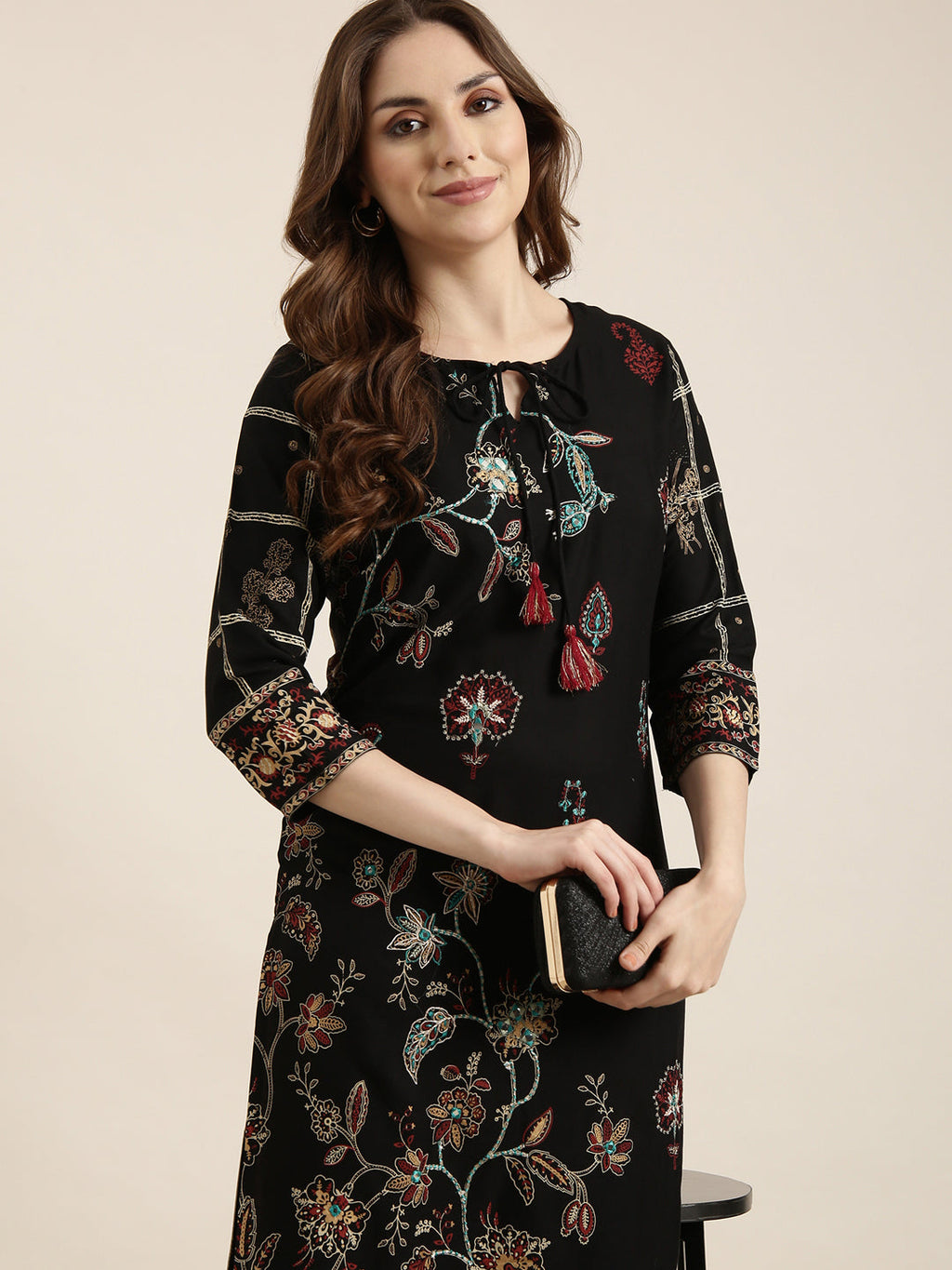 Women's Straight Black Floral Kurta