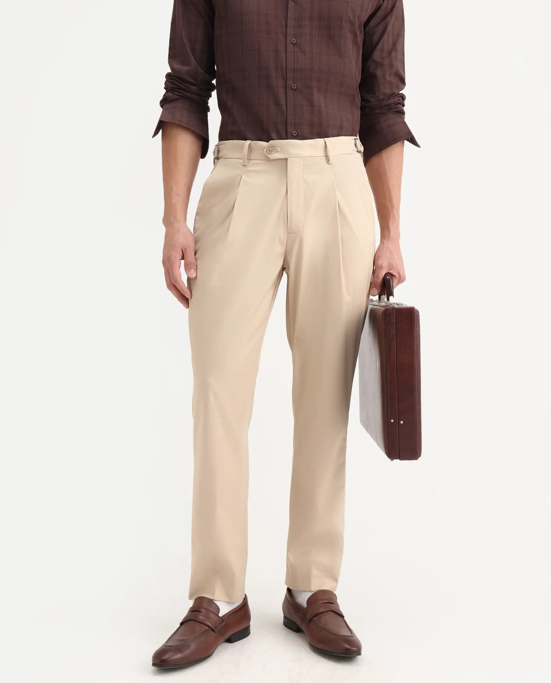 Rare Rabbit Men's Naji Beige Cotton Blend Plain Relaxed Fit Trouser