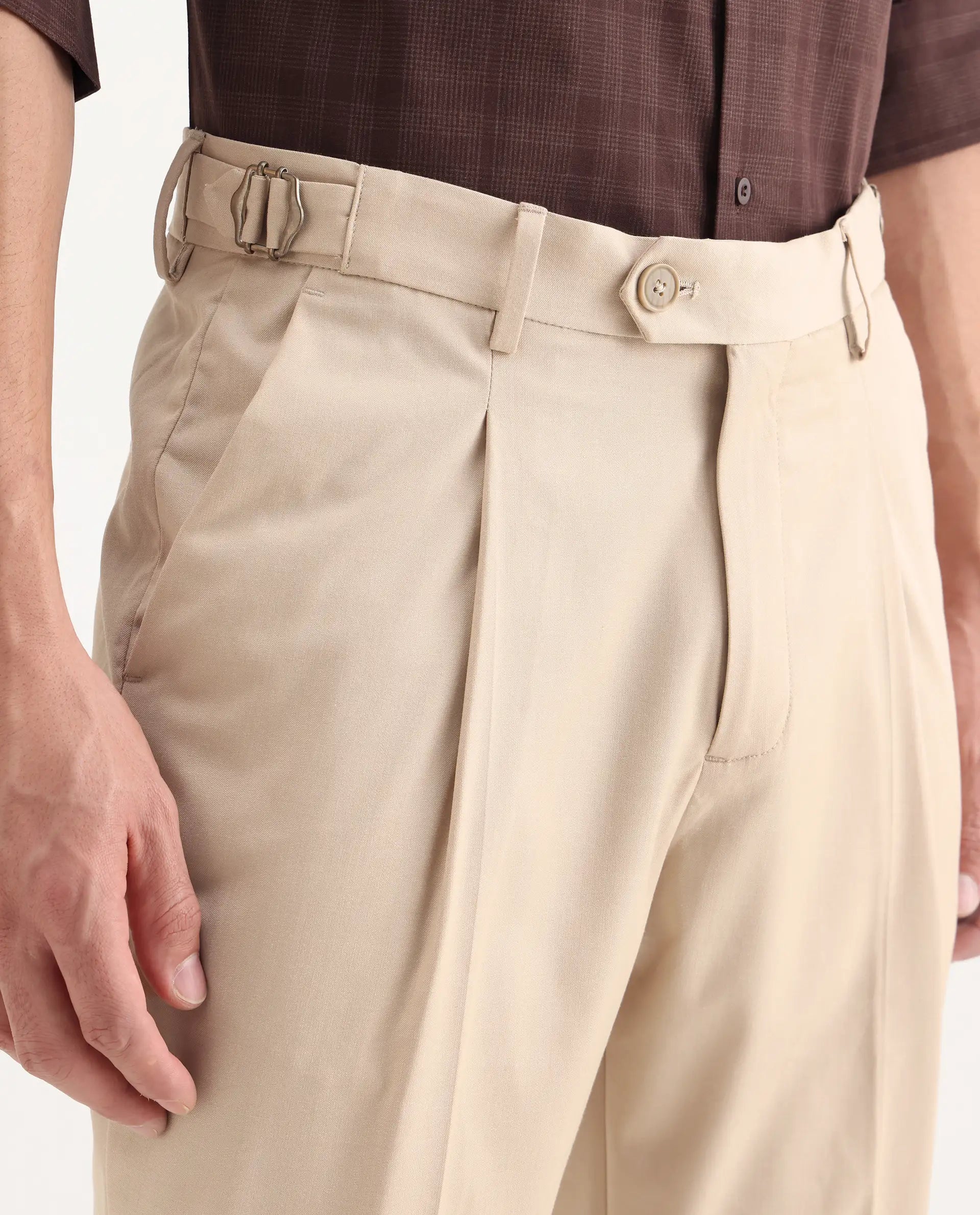 Rare Rabbit Men's Naji Beige Cotton Blend Plain Relaxed Fit Trouser