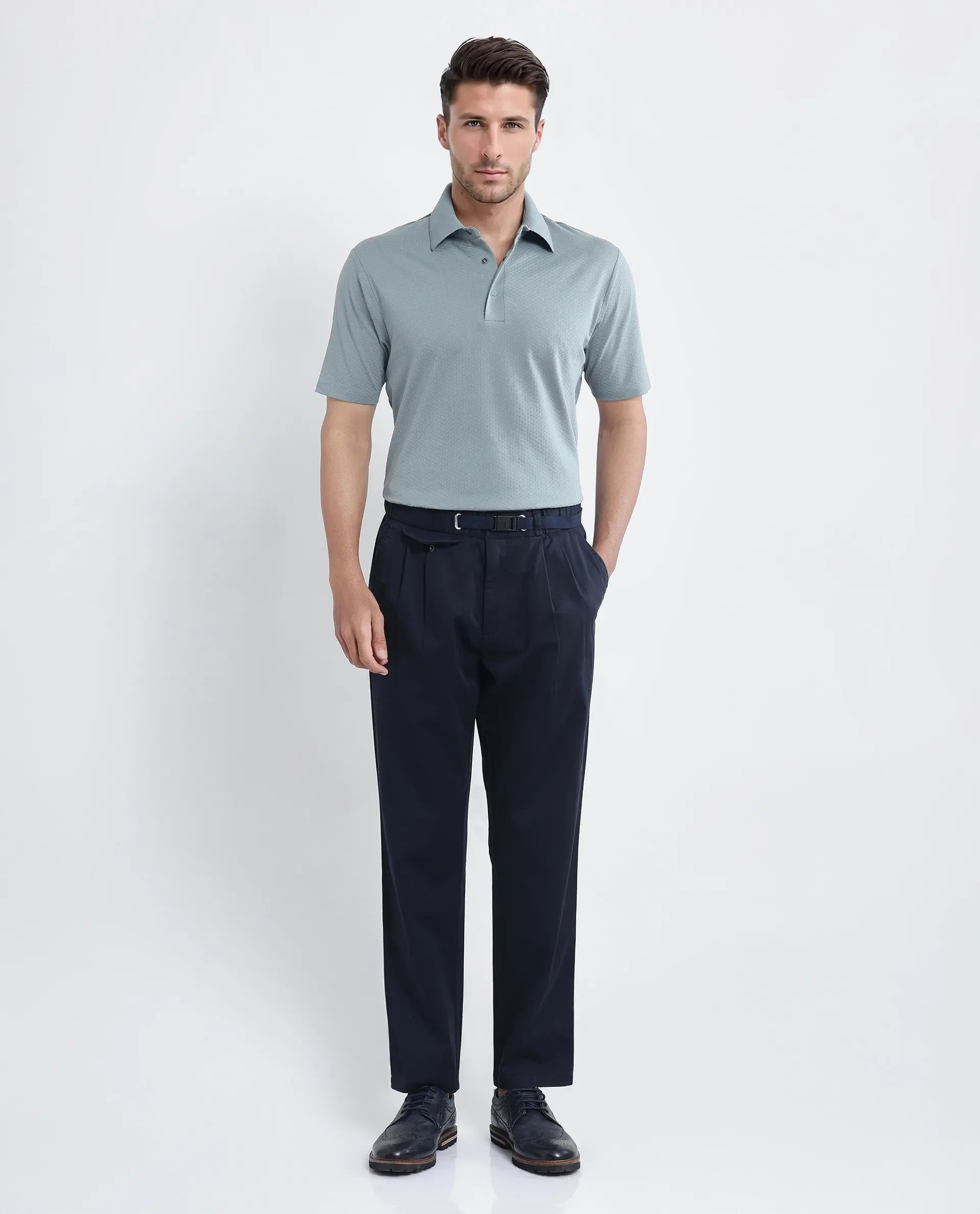 Rare Rabbit Men's Nark Dusky Green Cotton Textured Regular Fit Half Sleeve Polo