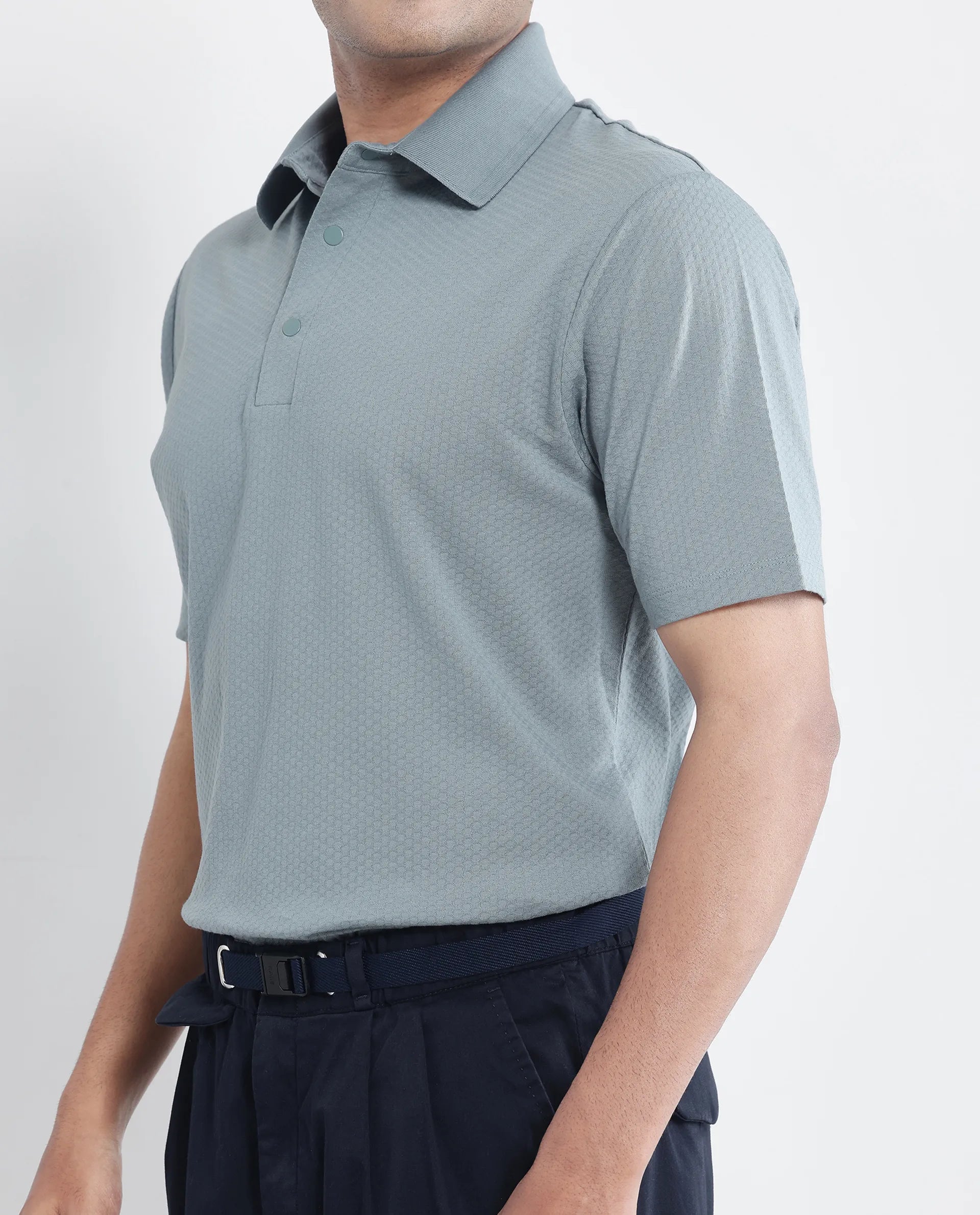 Rare Rabbit Men's Nark Dusky Green Cotton Textured Regular Fit Half Sleeve Polo