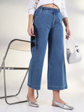 Women's Blue Solid Wide Leg Jeans