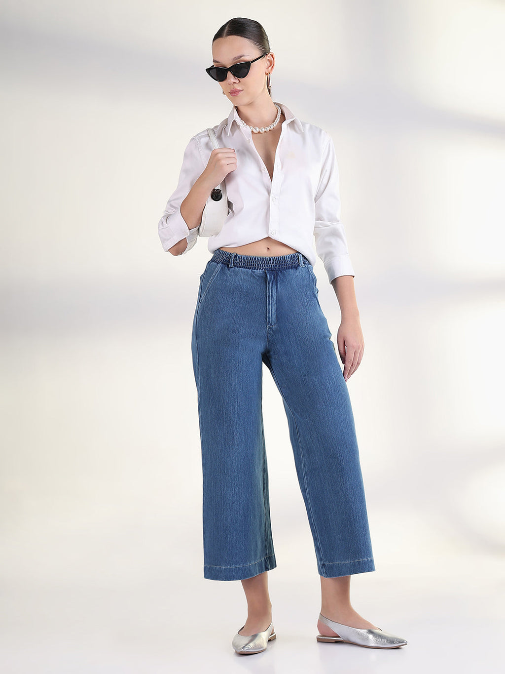 Women's Blue Solid Wide Leg Jeans
