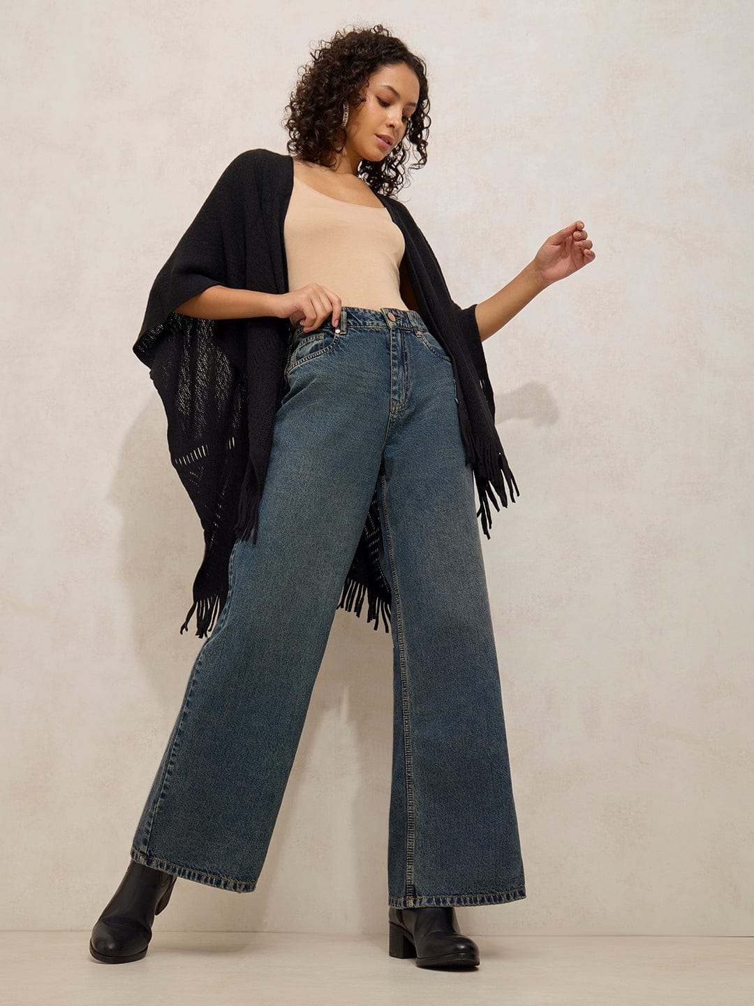 Women's Dark Blue High Rise Wide Leg Jeans