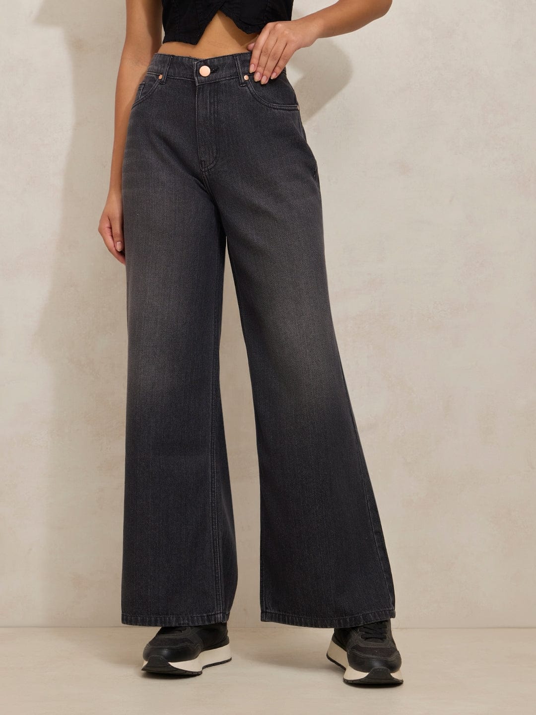 Women's Grey Denim High Rise Shaded Wide Leg Jeans