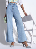 Women's Solid Light Blue Wide Leg Jeans