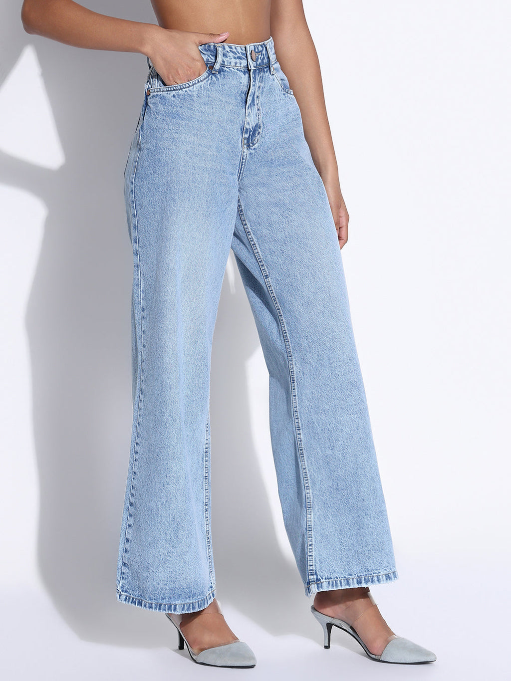 Women's Solid Light Blue Wide Leg Jeans