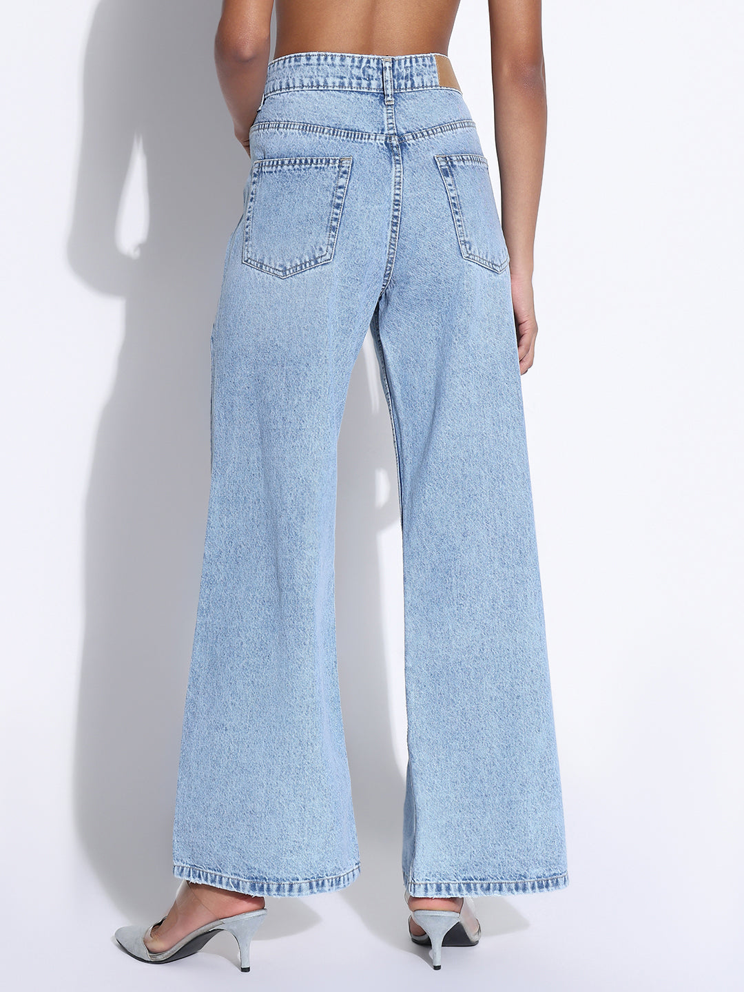Women's Solid Light Blue Wide Leg Jeans
