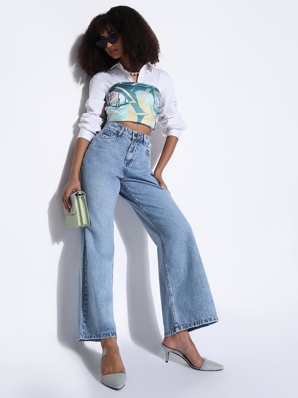 Women's Solid Light Blue Wide Leg Jeans