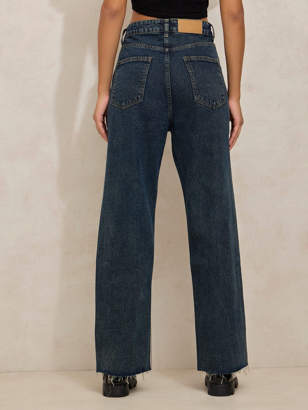 Women's Navy Blue High Rise Relaxed Fit Straight Jeans with Raw Hem