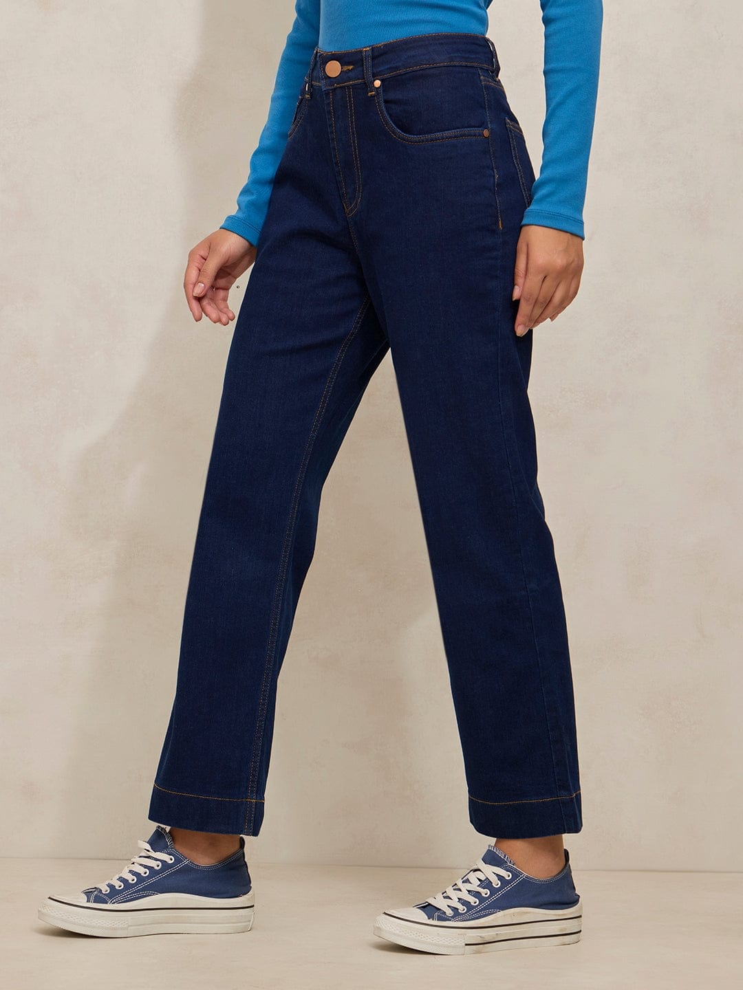 Women's Navy Blue Denim High Rise Straight Fit Cropped Jeans