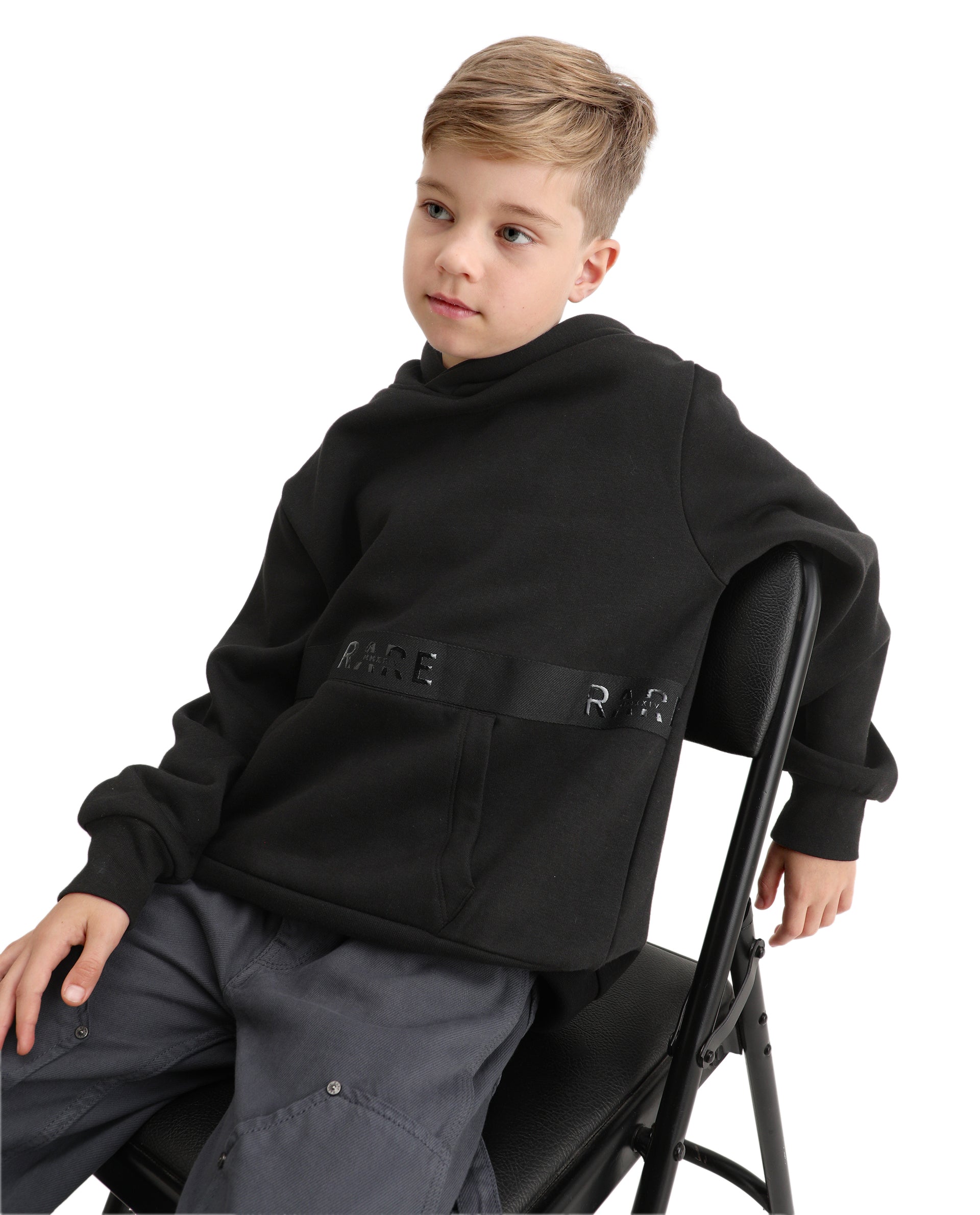 Rare Ones Kids Nexa-K Black Cotton Hooded Boxy Fit Sweatshirt