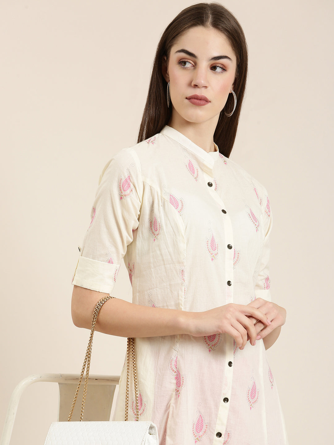 Women's Cream Floral Printed Roll-Up Sleeves A-Line Kurta