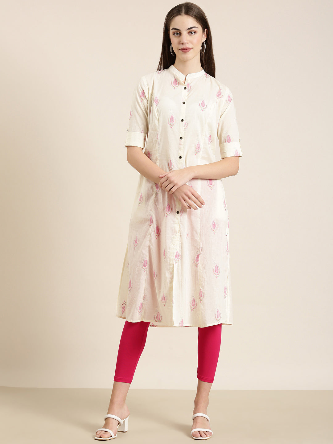 Women's Cream Floral Printed Roll-Up Sleeves A-Line Kurta