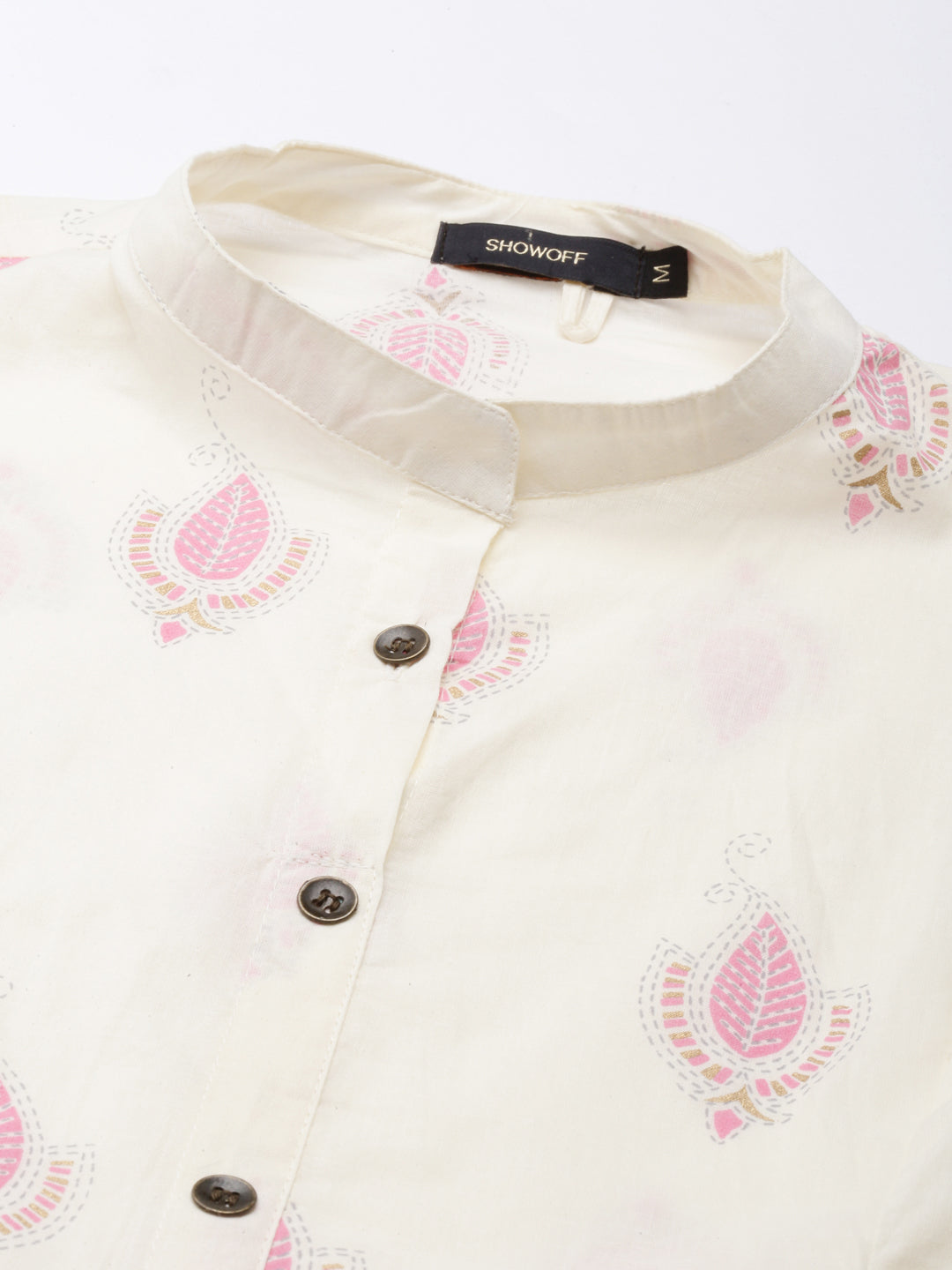 Women's Cream Floral Printed Roll-Up Sleeves A-Line Kurta