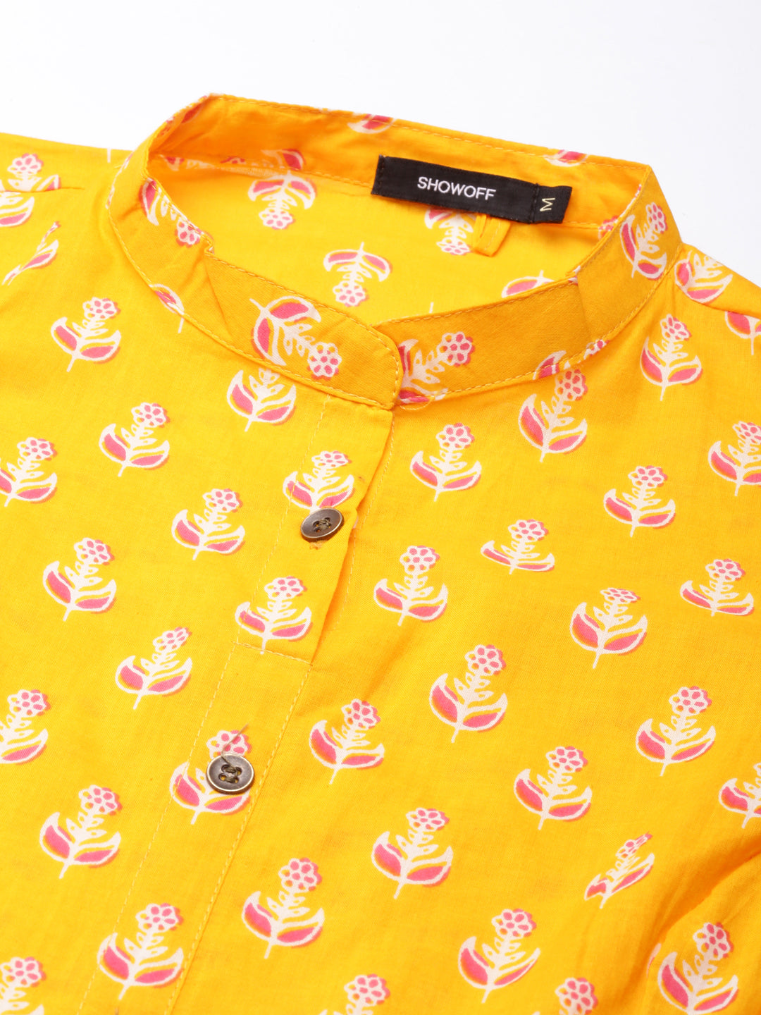 Women's Orange Floral Printed Mandarin Collar Roll Up Sleeves A-Line Kurta