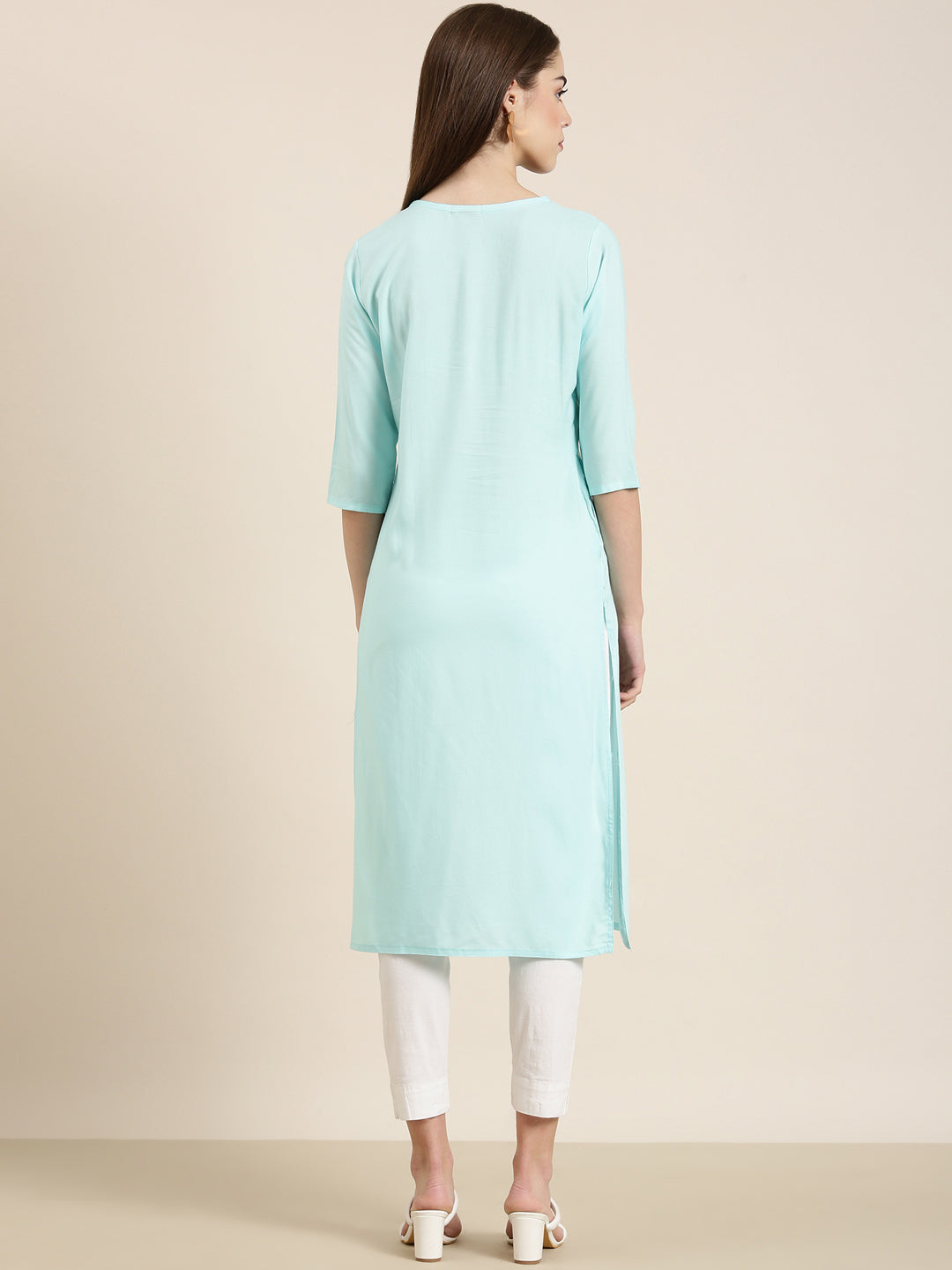 Women's Blue Ethnic Motifs Embellished Kurta