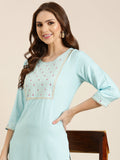 Women's Blue Ethnic Motifs Thread Work Sequined Pastels Cotton Straight Kurta