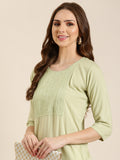 Women's Sea Green Geometric Sequinned Cotton Straight Kurta
