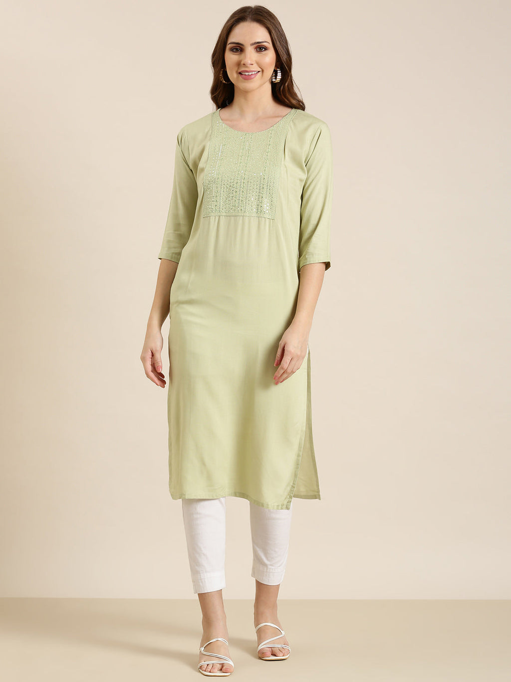 Women's Sea Green Geometric Sequinned Cotton Straight Kurta