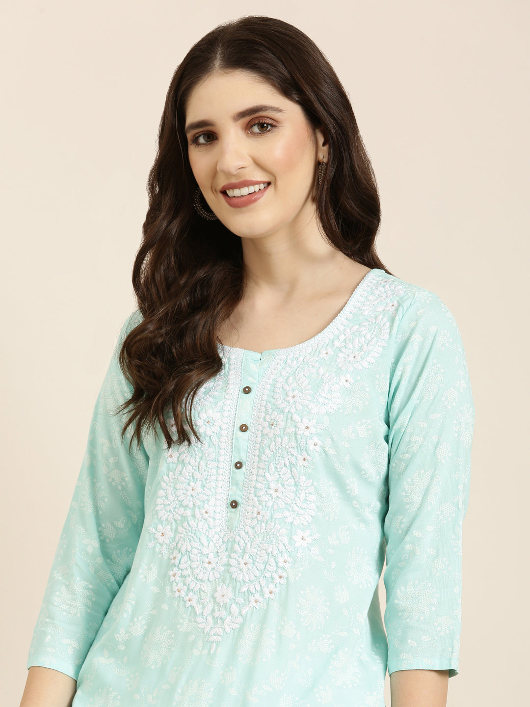 Women's Sea Green Floral Printed Thread Work Straight Kurta