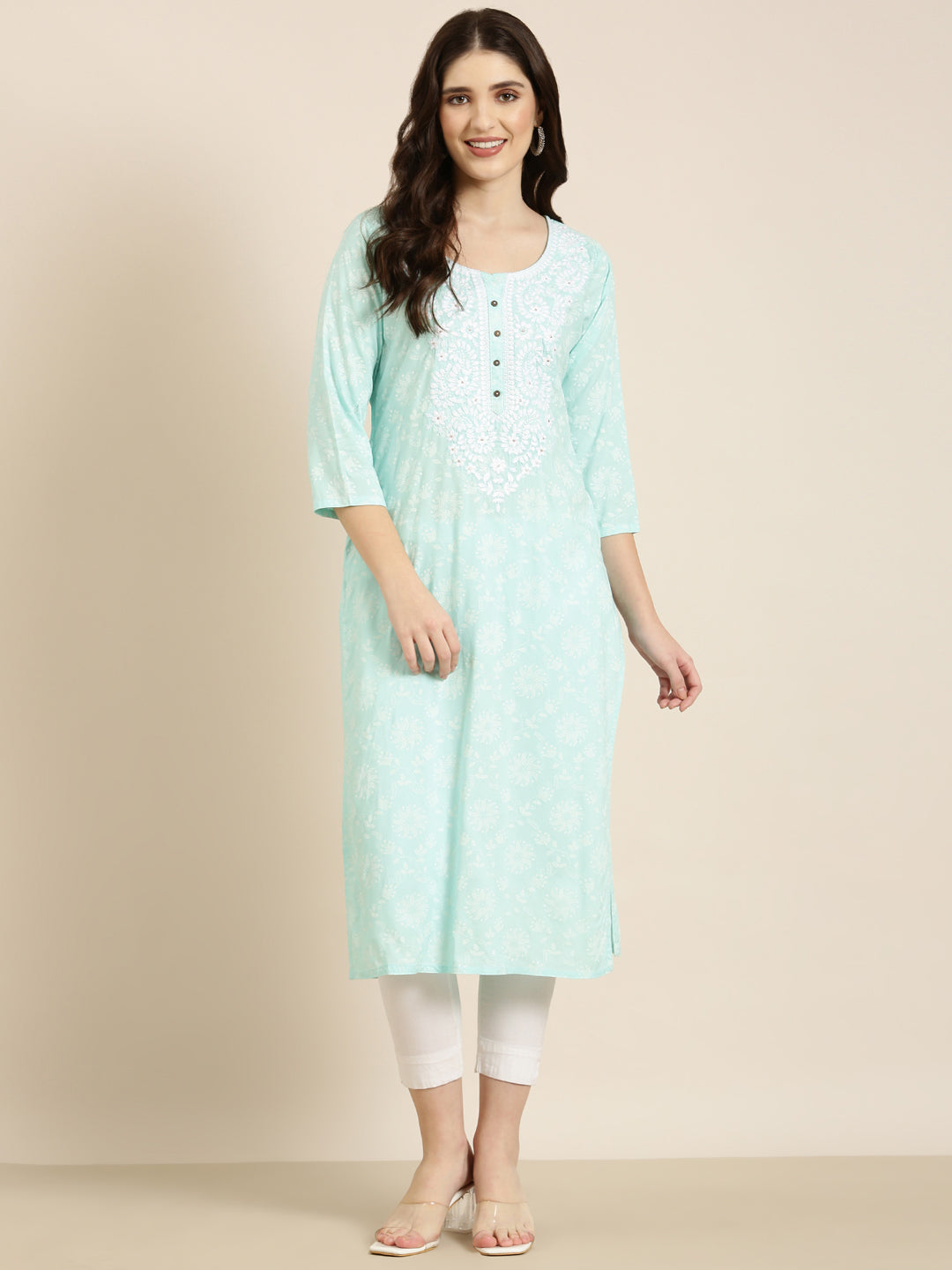 Women's Sea Green Floral Printed Thread Work Straight Kurta