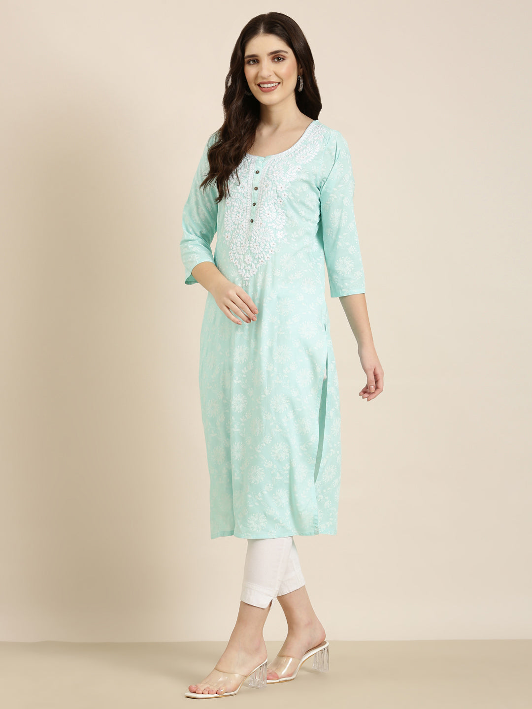 Women's Sea Green Floral Printed Thread Work Straight Kurta