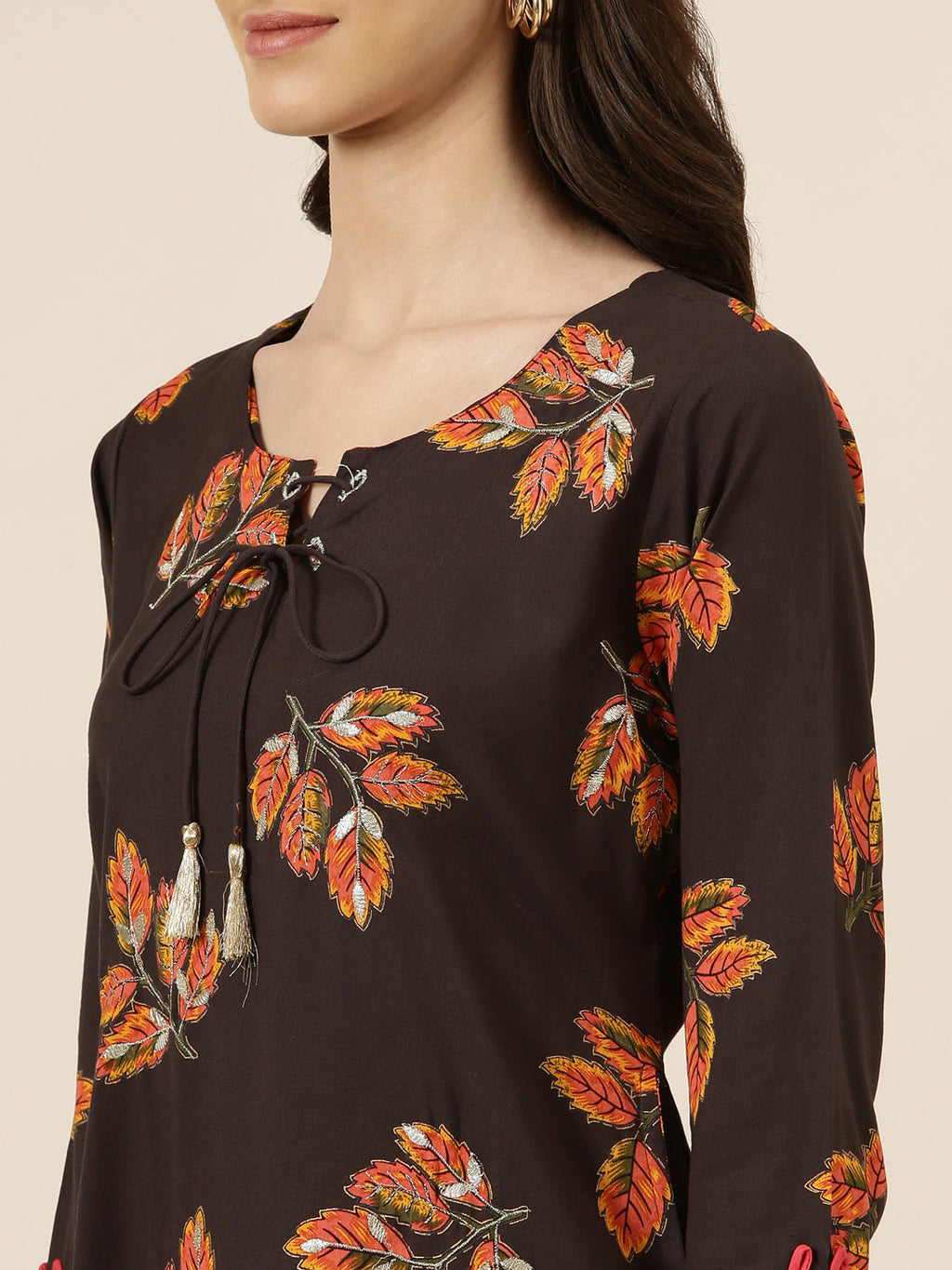 Women's Brown Floral Printed Cotton Straight Kurta
