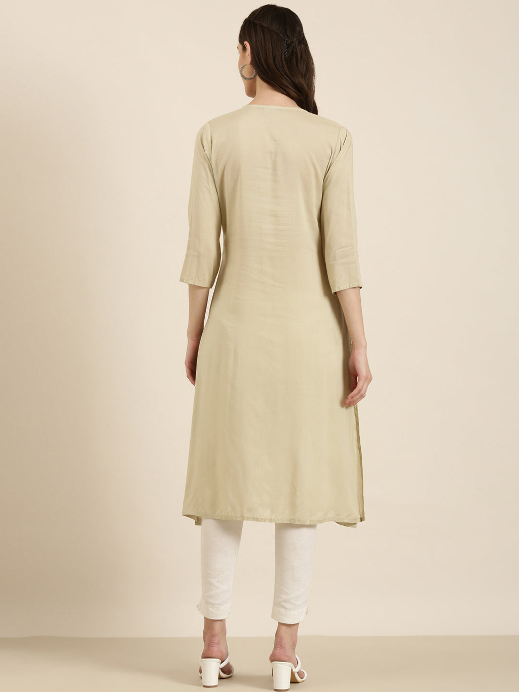 Women's Beige Floral Embroidered Sequinned A-Line Kurta