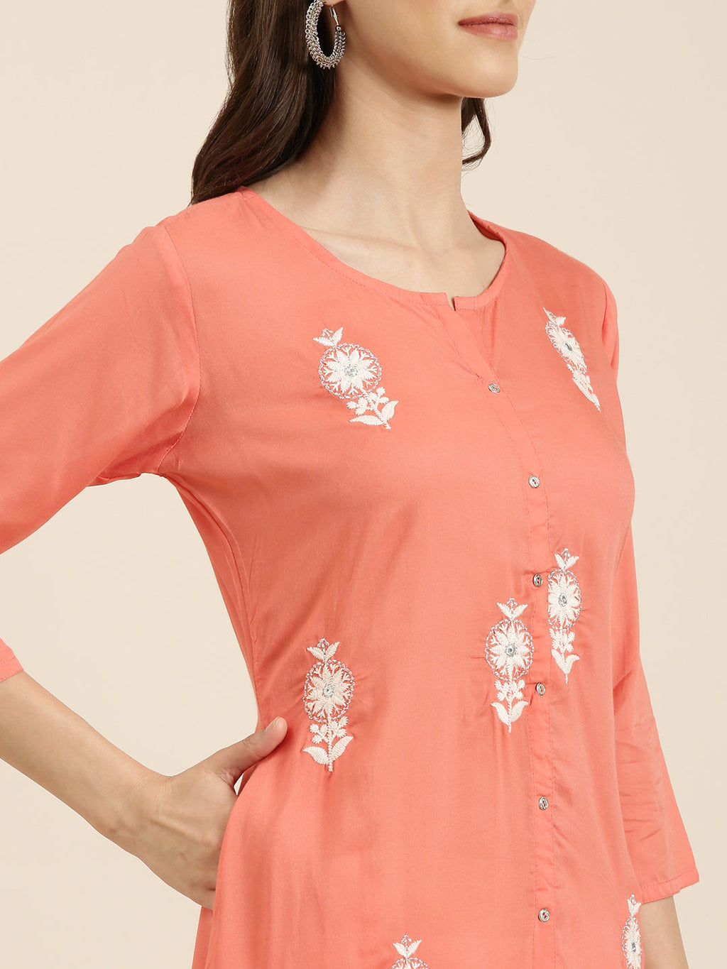 Women's Coral Floral Embroidered Thread Work A-Line Kurta
