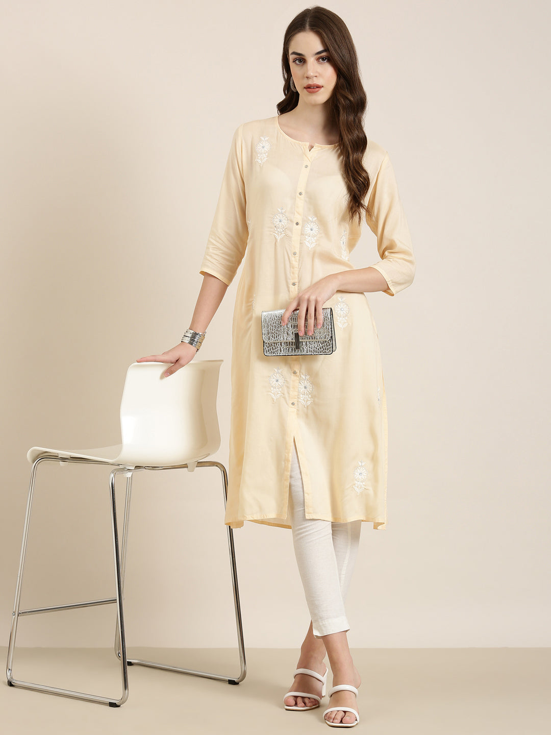 Women's Peach Floral Embroidered A-Line Kurta