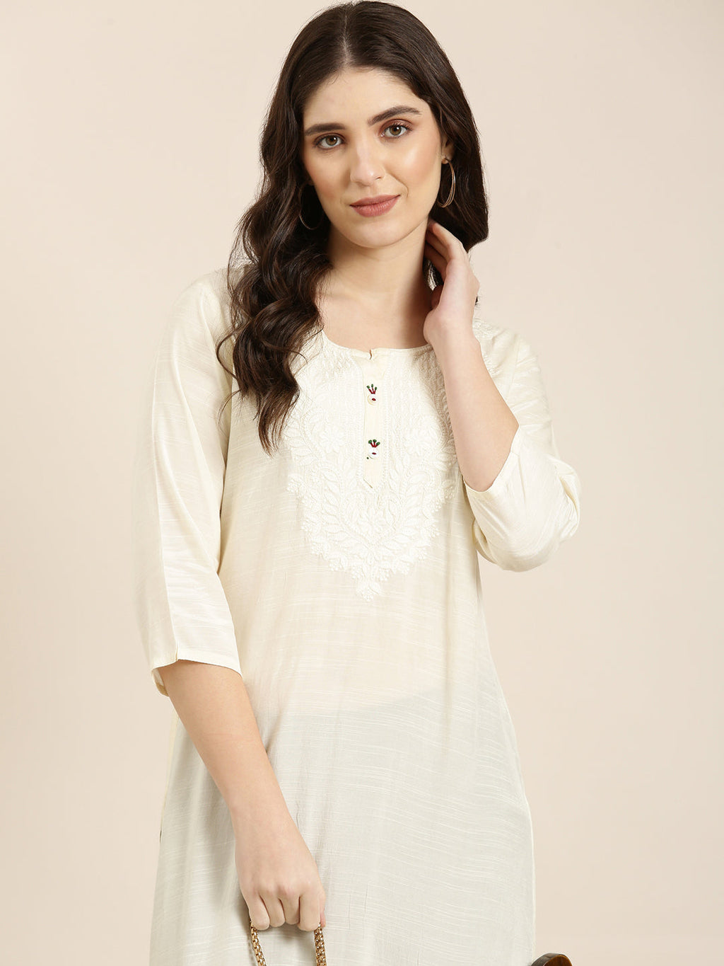 Women's Cream Ethnic Motifs Yoke Design Straight Kurta