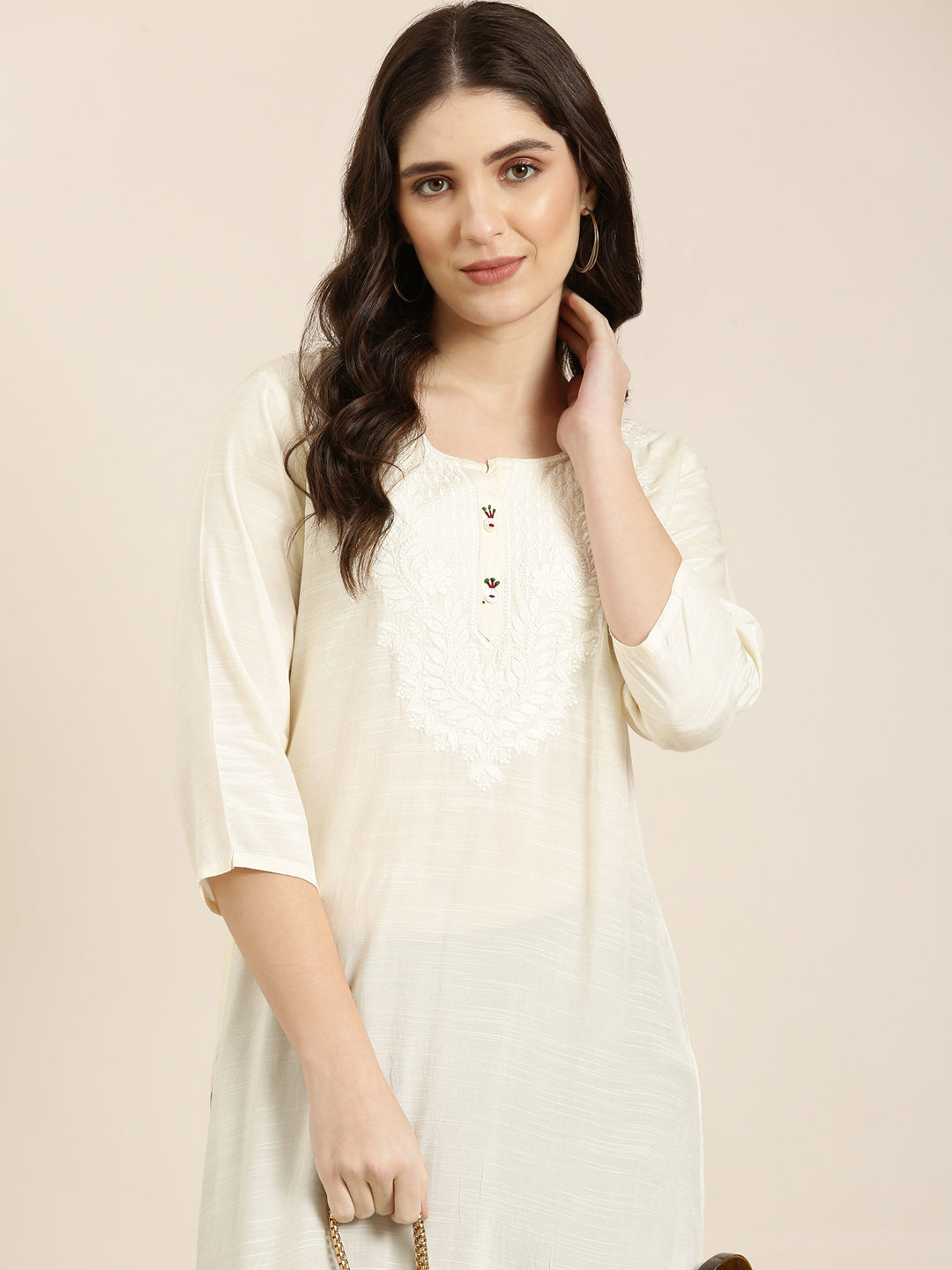 Women's Cream Ethnic Motifs Yoke Design Straight Kurta