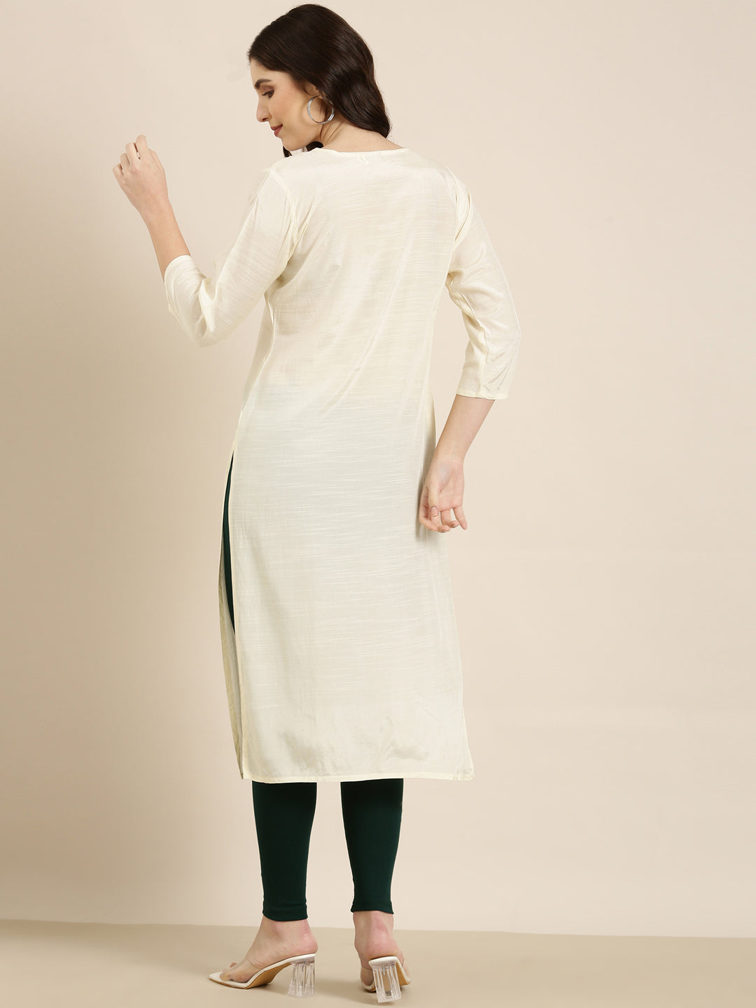 Women's Cream Ethnic Motifs Yoke Design Straight Kurta