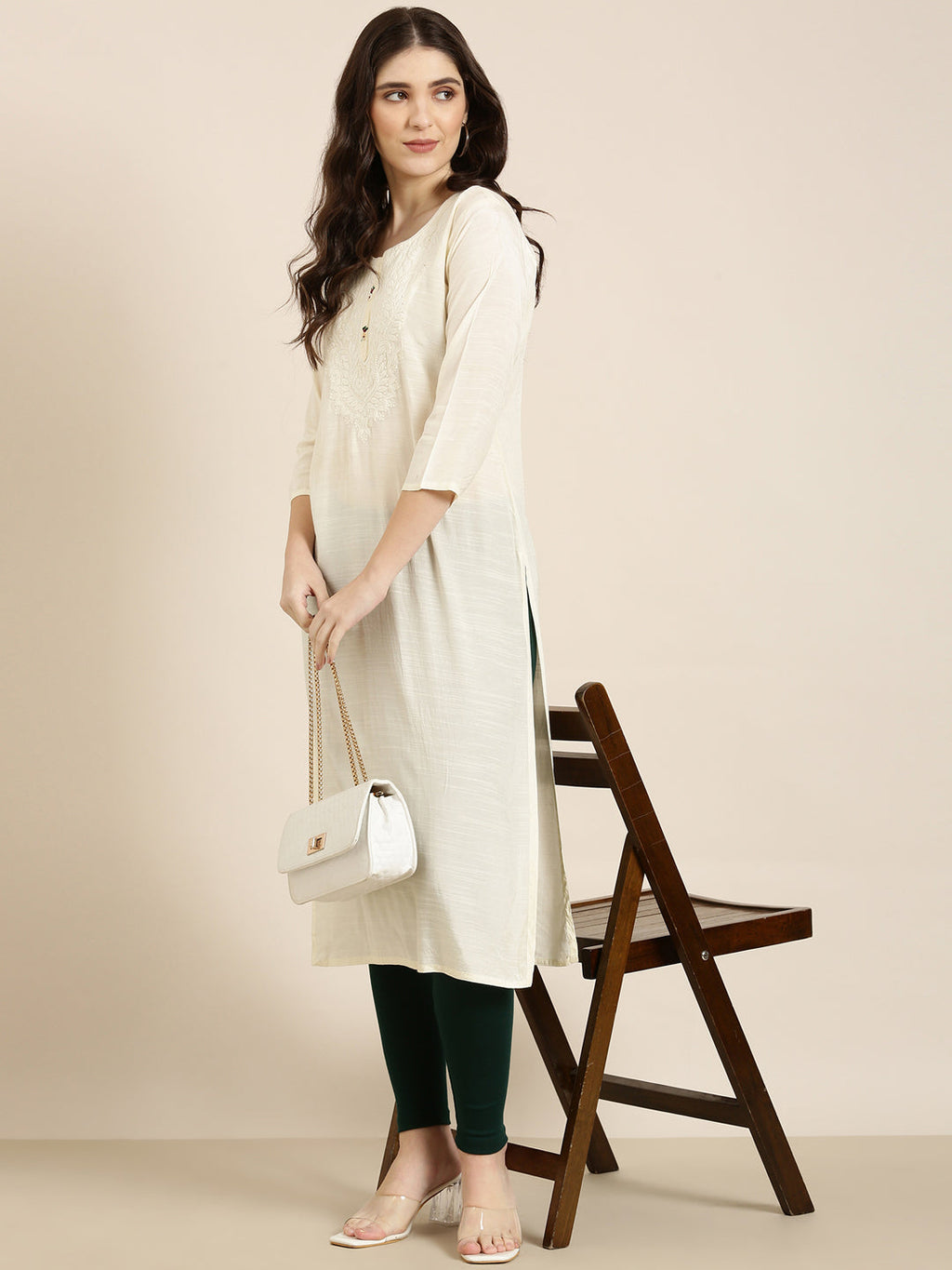 Women's Cream Ethnic Motifs Yoke Design Straight Kurta