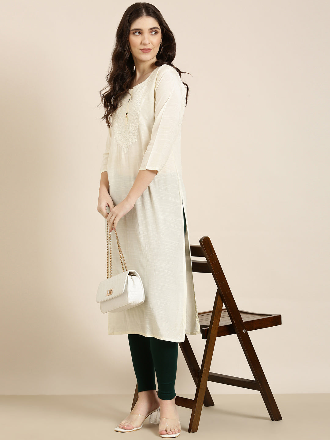 Women's Cream Ethnic Motifs Yoke Design Straight Kurta